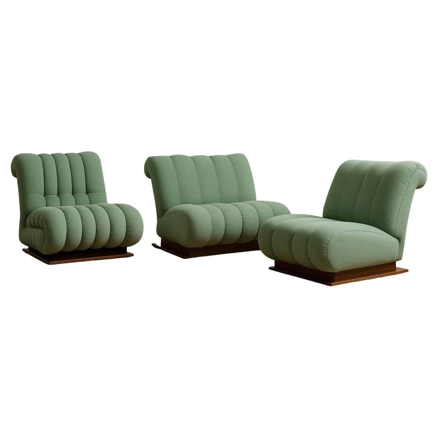 u2028Ensemble de 3 fauteuils modulaires avec large base en bois - Italie - années 1970