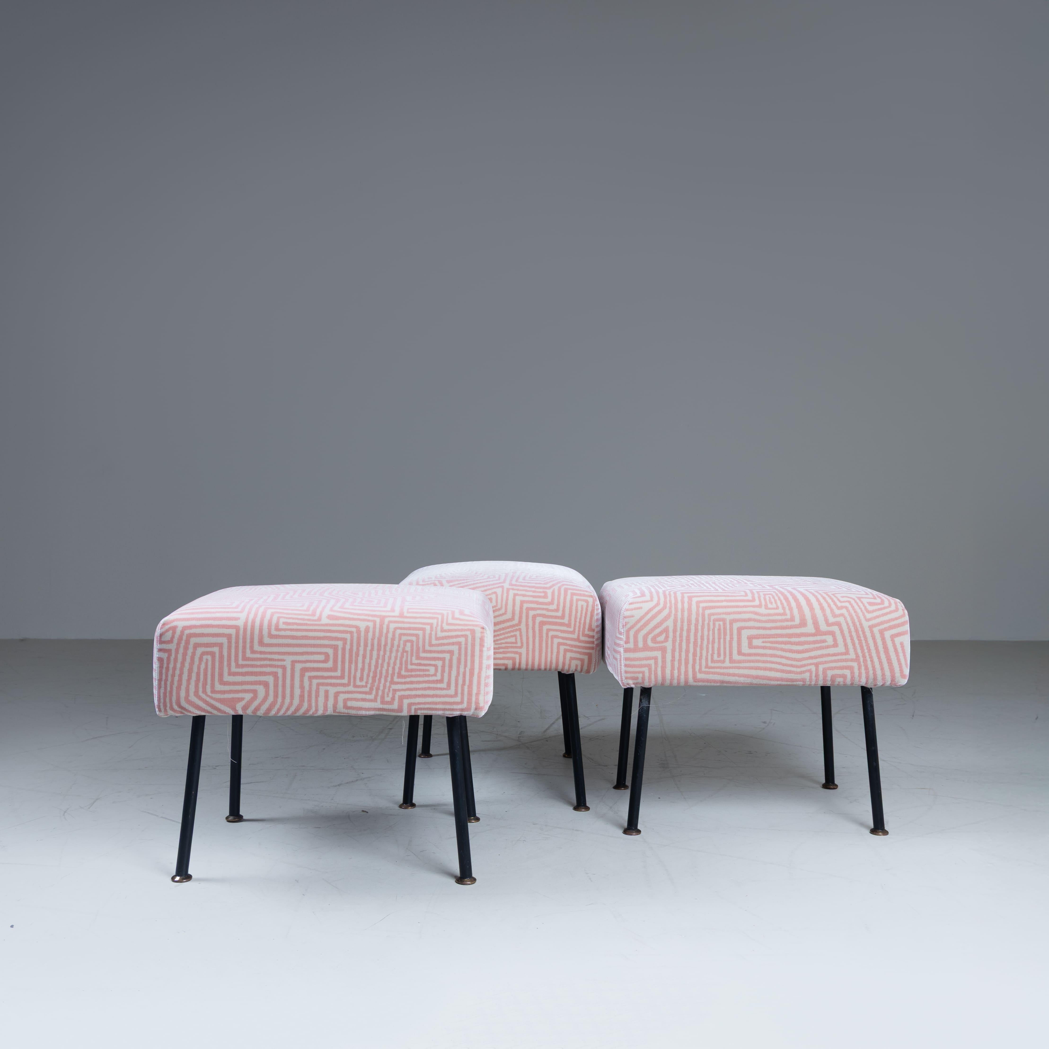 Set of 3 pink poufs, Dedar fabric upholstery, 1950s For Sale 5