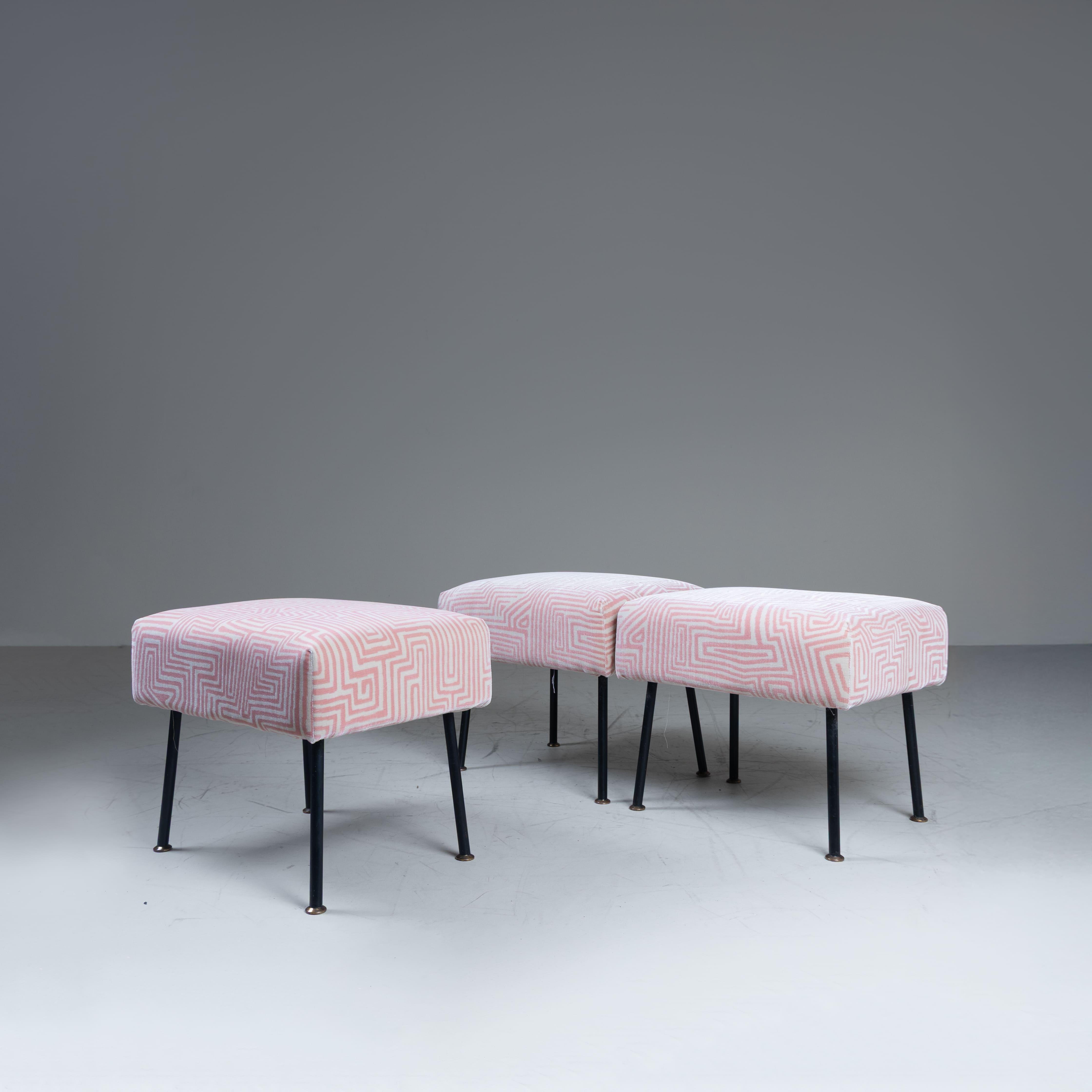 Set of 3 pink poufs, Dedar fabric upholstery, 1950s For Sale 7