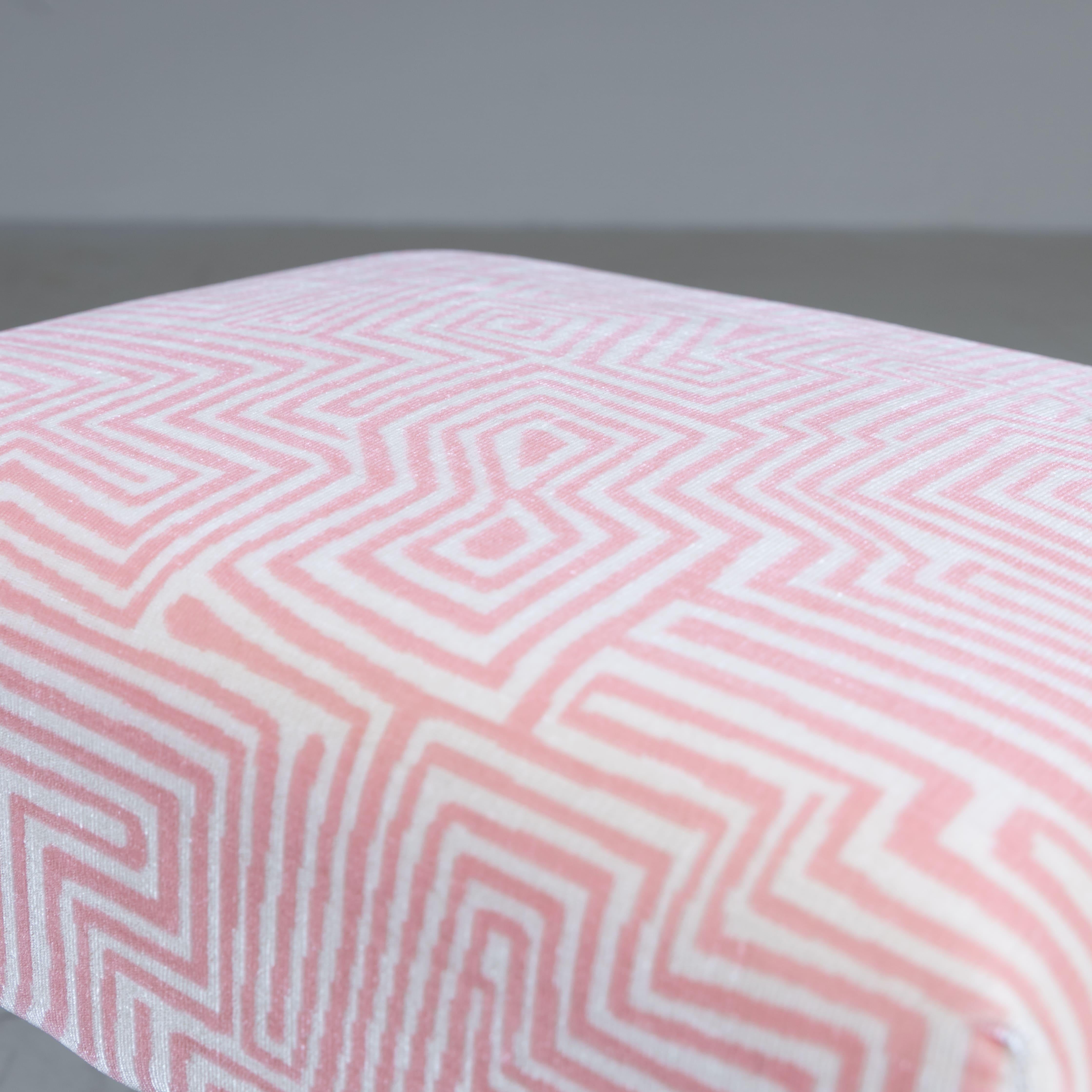 Set of 3 poufs, Italian manufacture, 1950. Compact structure and rounded shapes, covered in pink Dedar fabric. Elegant and functional 1950s design, perfect for enhancing mid-century or contemporary style rooms. Good condition with signs of wear