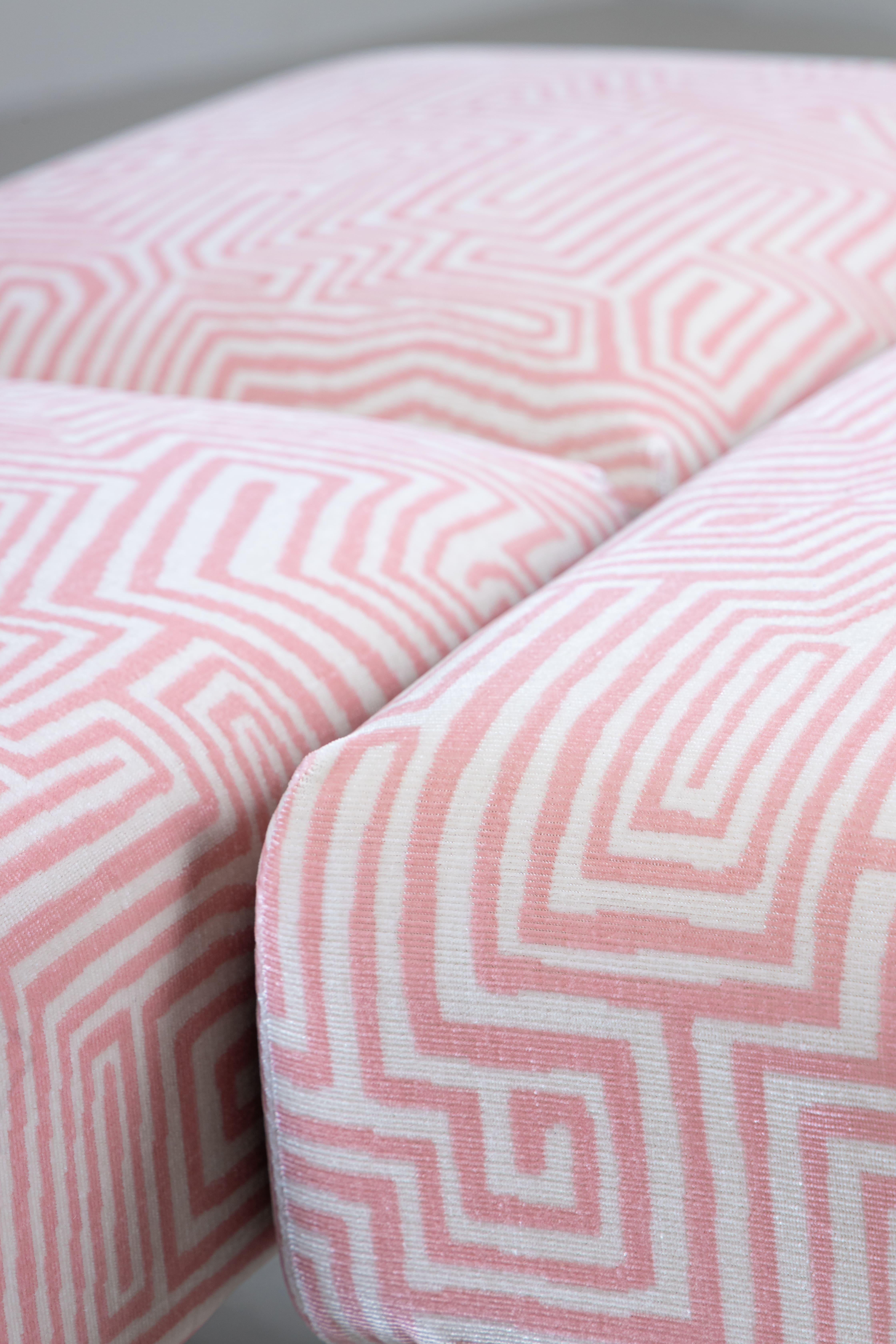 Metal Set of 3 pink poufs, Dedar fabric upholstery, 1950s For Sale