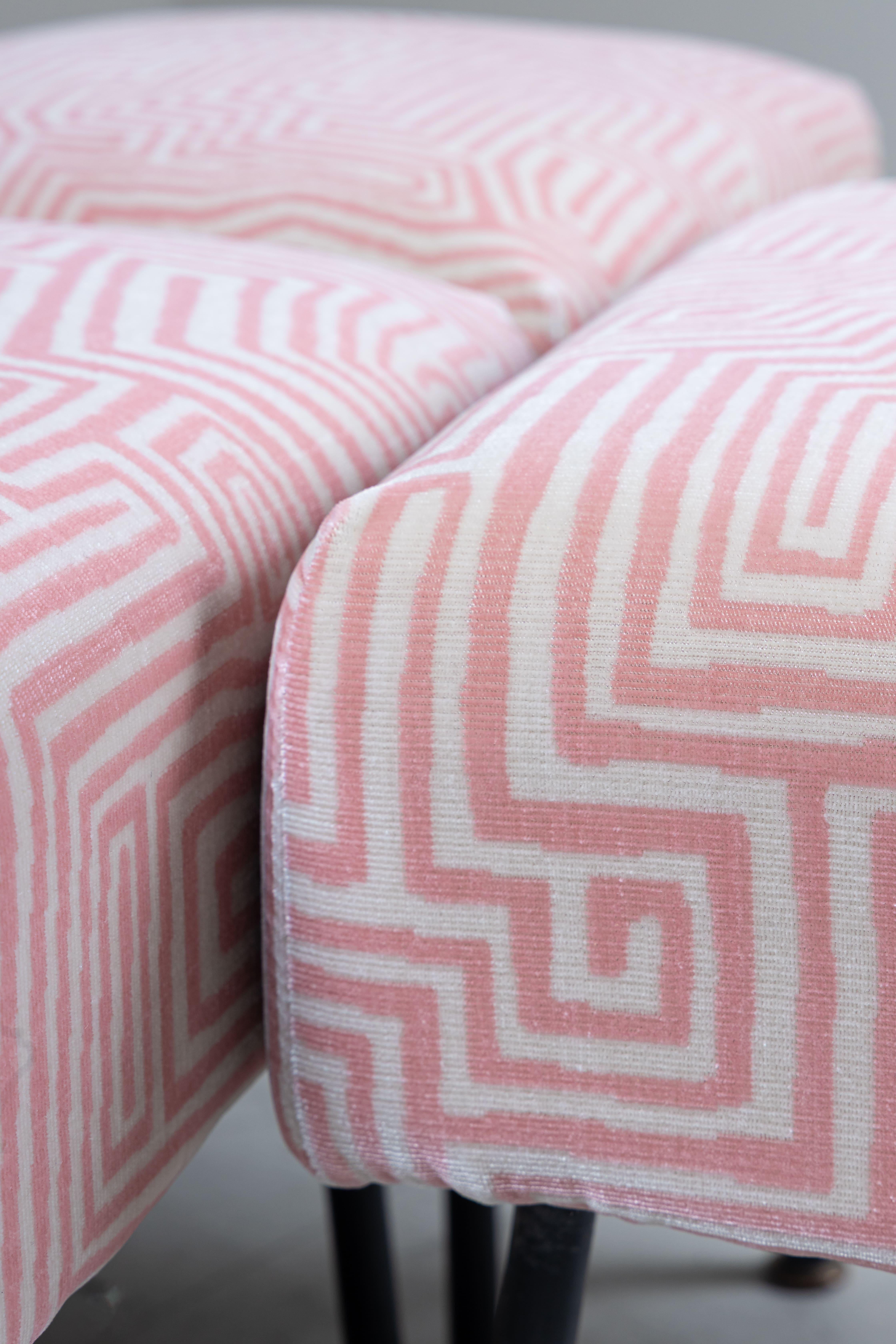 Set of 3 pink poufs, Dedar fabric upholstery, 1950s For Sale 1