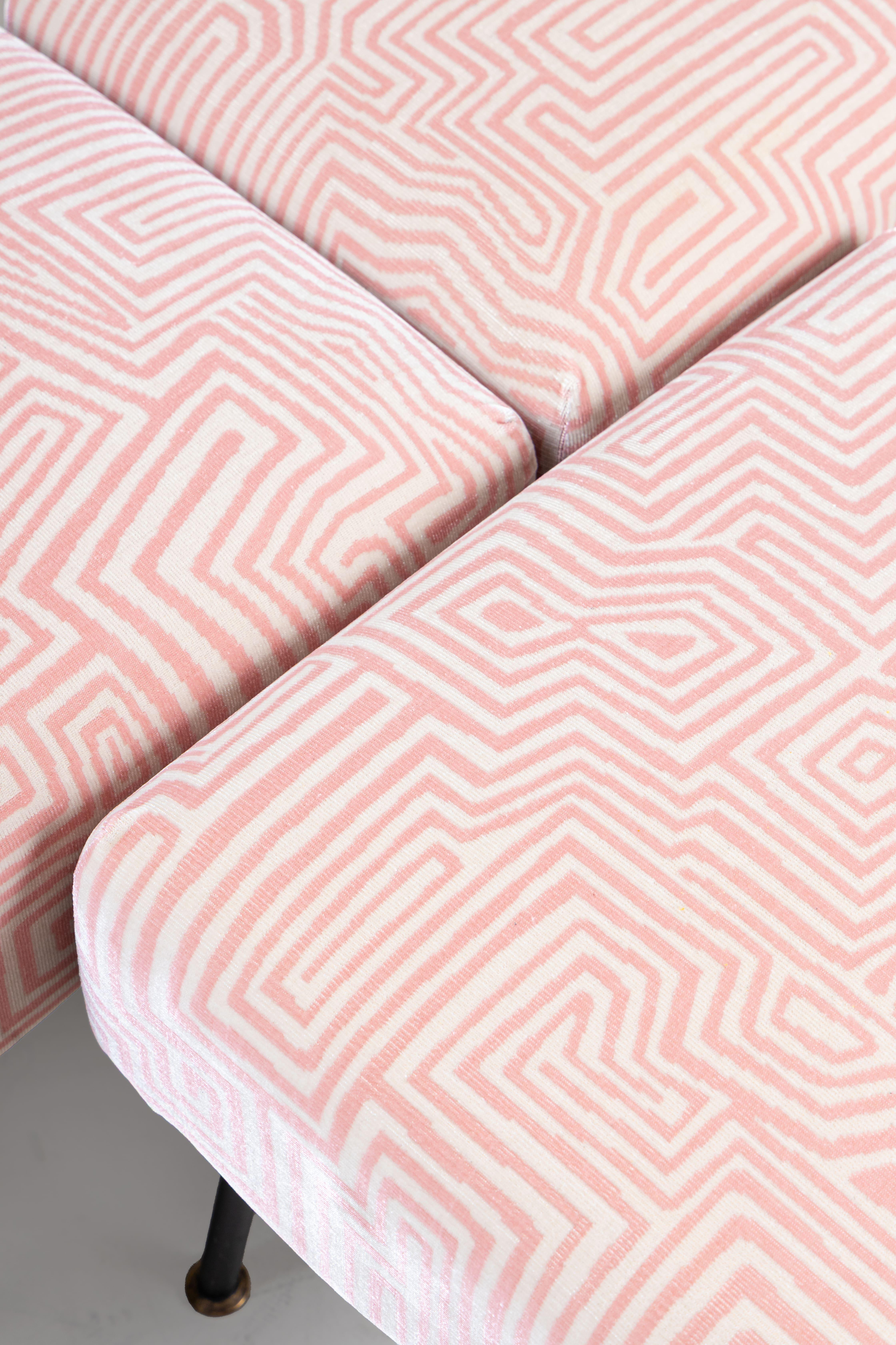Set of 3 pink poufs, Dedar fabric upholstery, 1950s For Sale 2