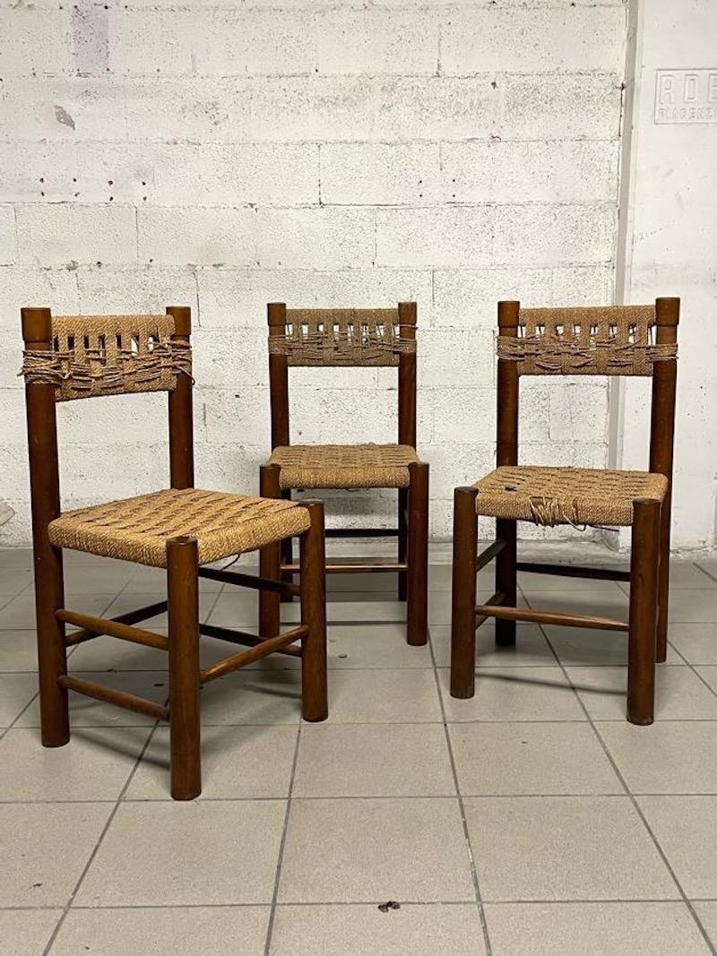 Brutalist Set of 3 chairs by Charlotte Perriand, France, 1960s For Sale
