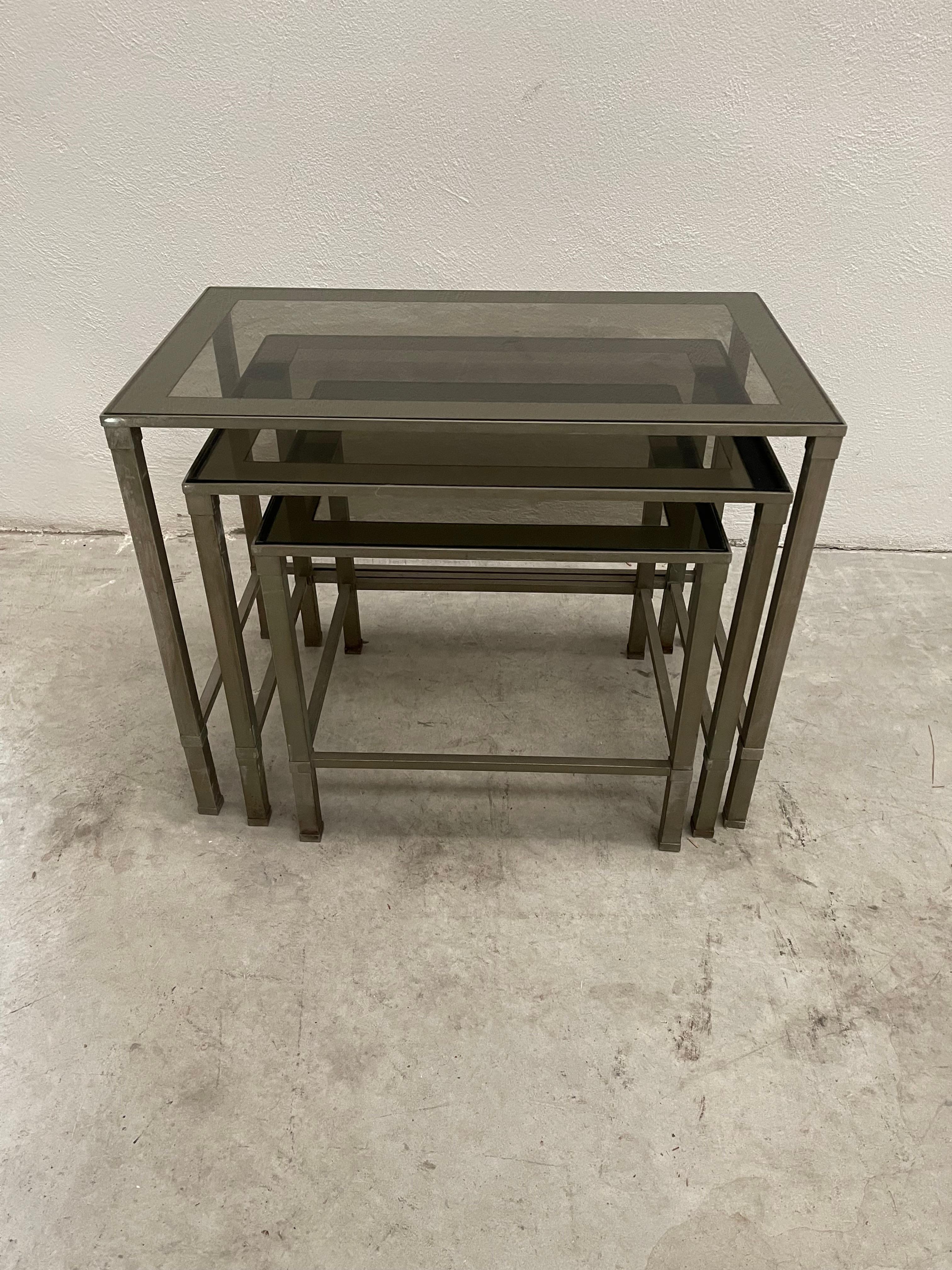 Italian Set of 3 vintage brass silver finish coffee tables For Sale