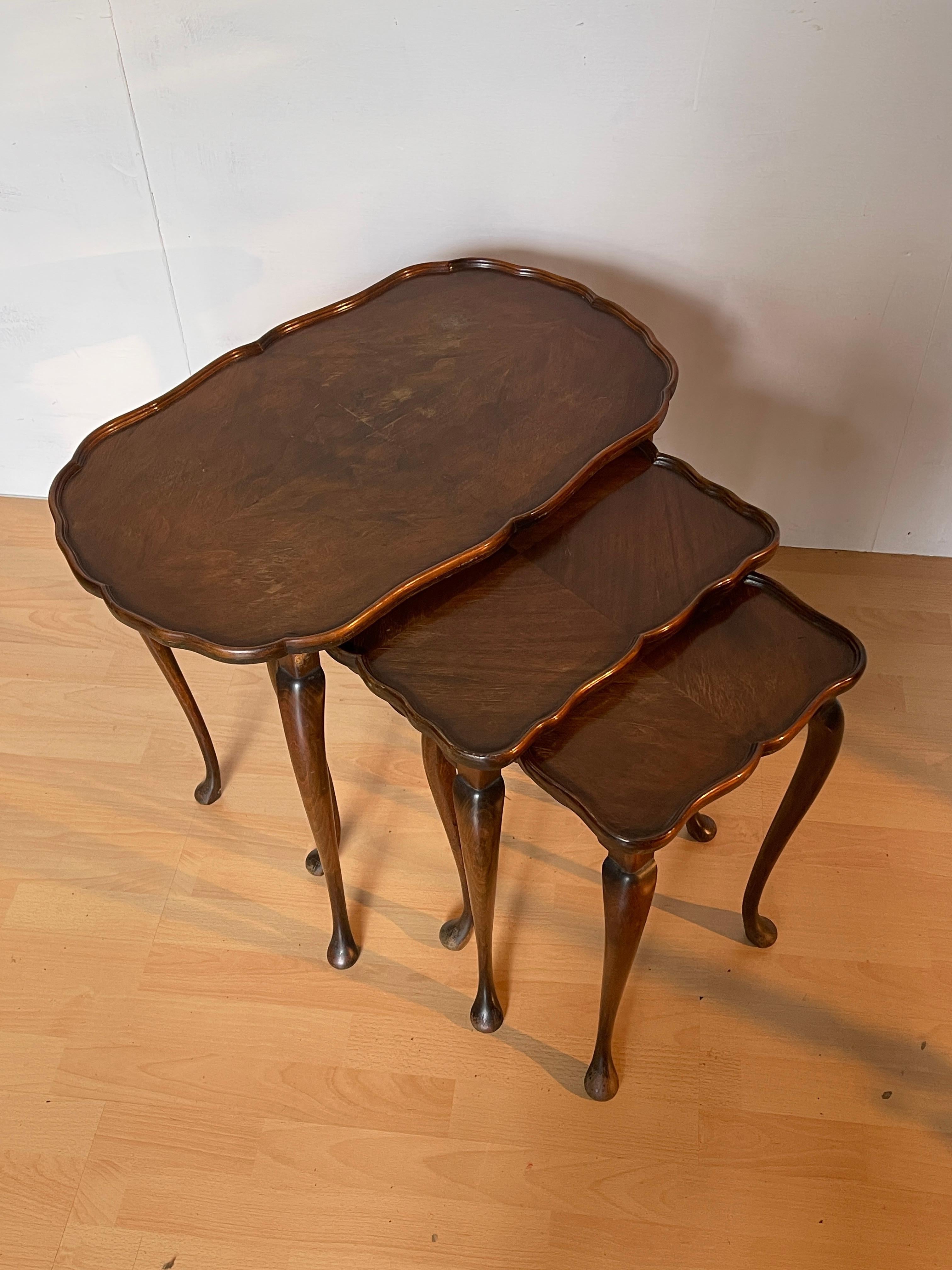 Set of 3 Inlaid Wood Side Tables with Lyre Legs, 1960s For Sale 3
