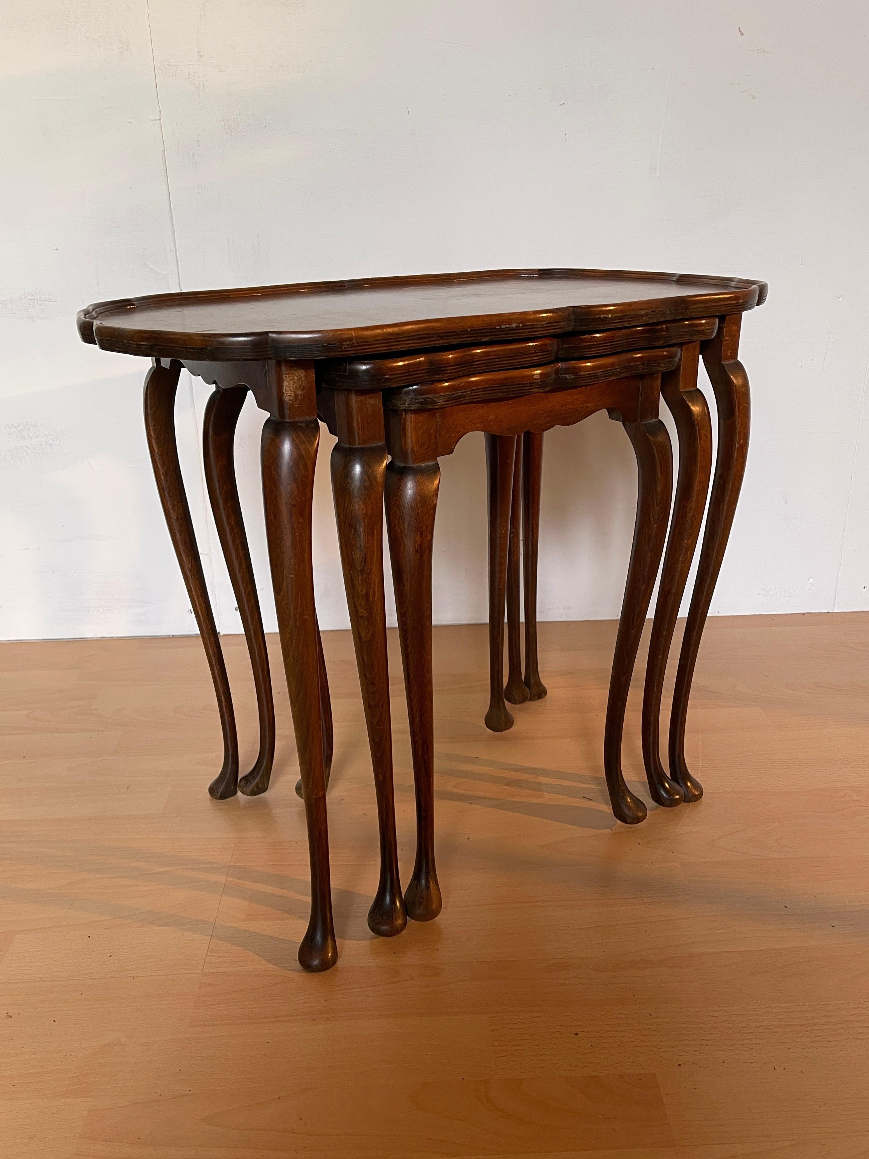 Set of 3 Inlaid Wood Side Tables with Lyre Legs, 1960s For Sale 4