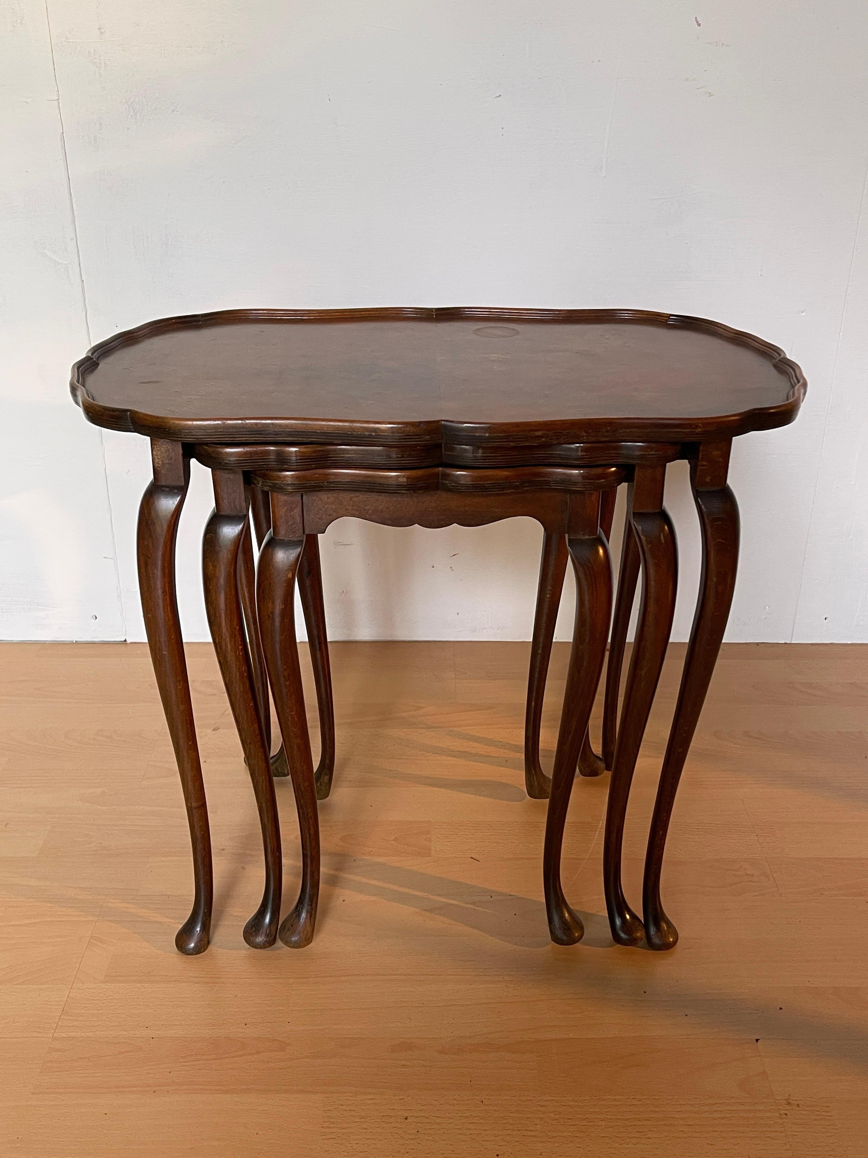 Set of 3 Inlaid Wood Side Tables with Lyre Legs, 1960s For Sale 6