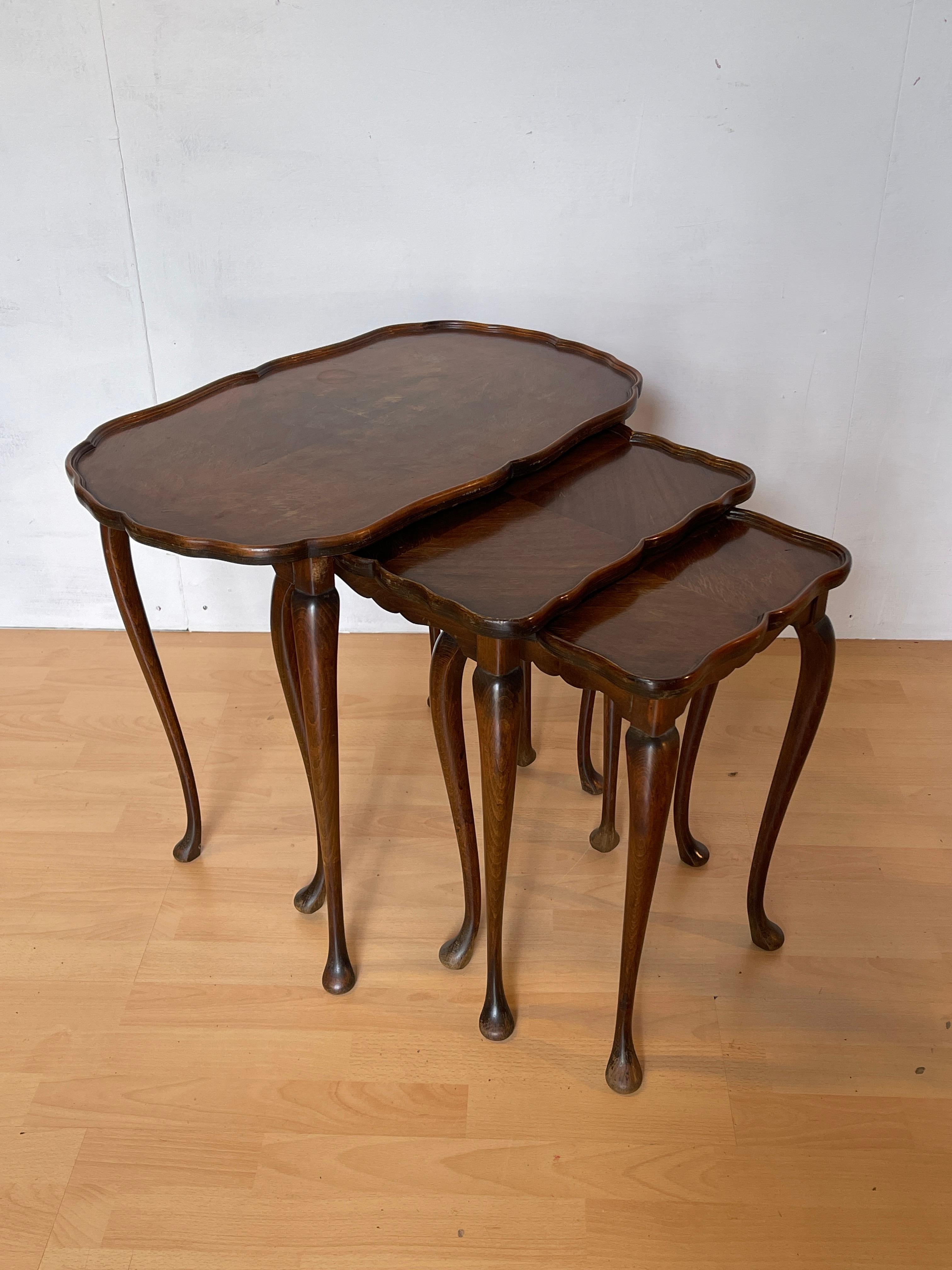 Neoclassical Revival Set of 3 Inlaid Wood Side Tables with Lyre Legs, 1960s For Sale