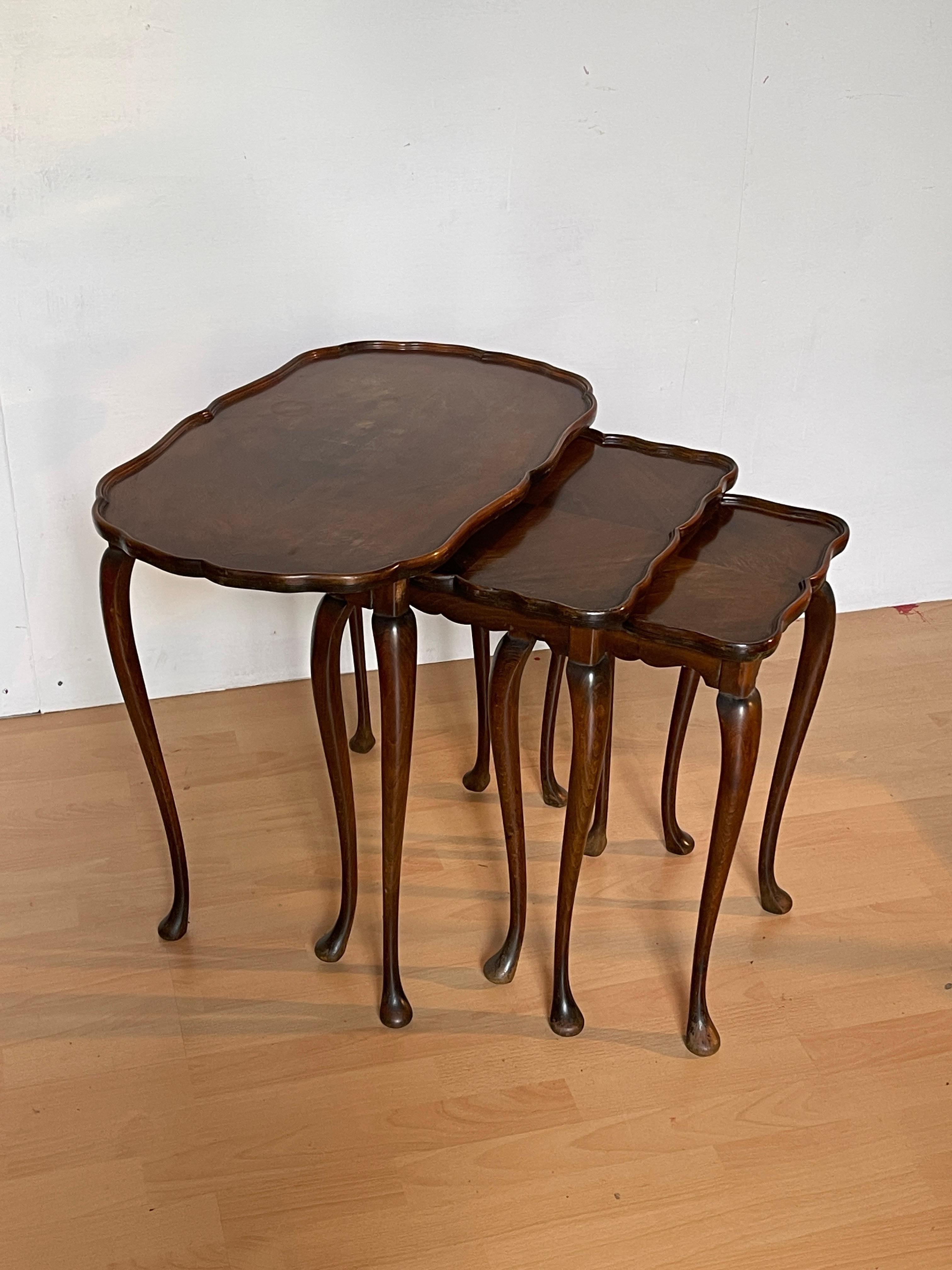 Italian Set of 3 Inlaid Wood Side Tables with Lyre Legs, 1960s For Sale