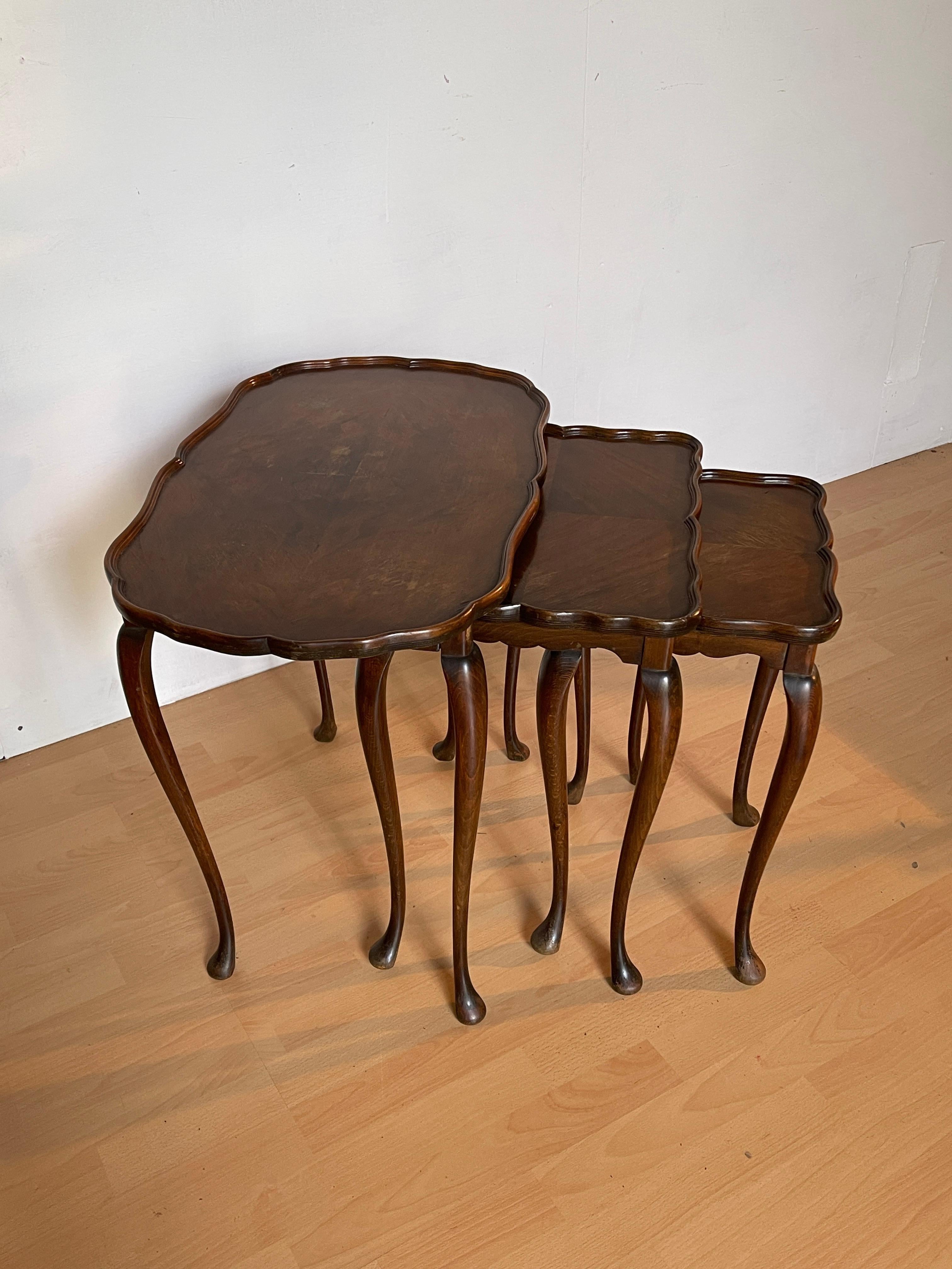 Hand-Crafted Set of 3 Inlaid Wood Side Tables with Lyre Legs, 1960s For Sale