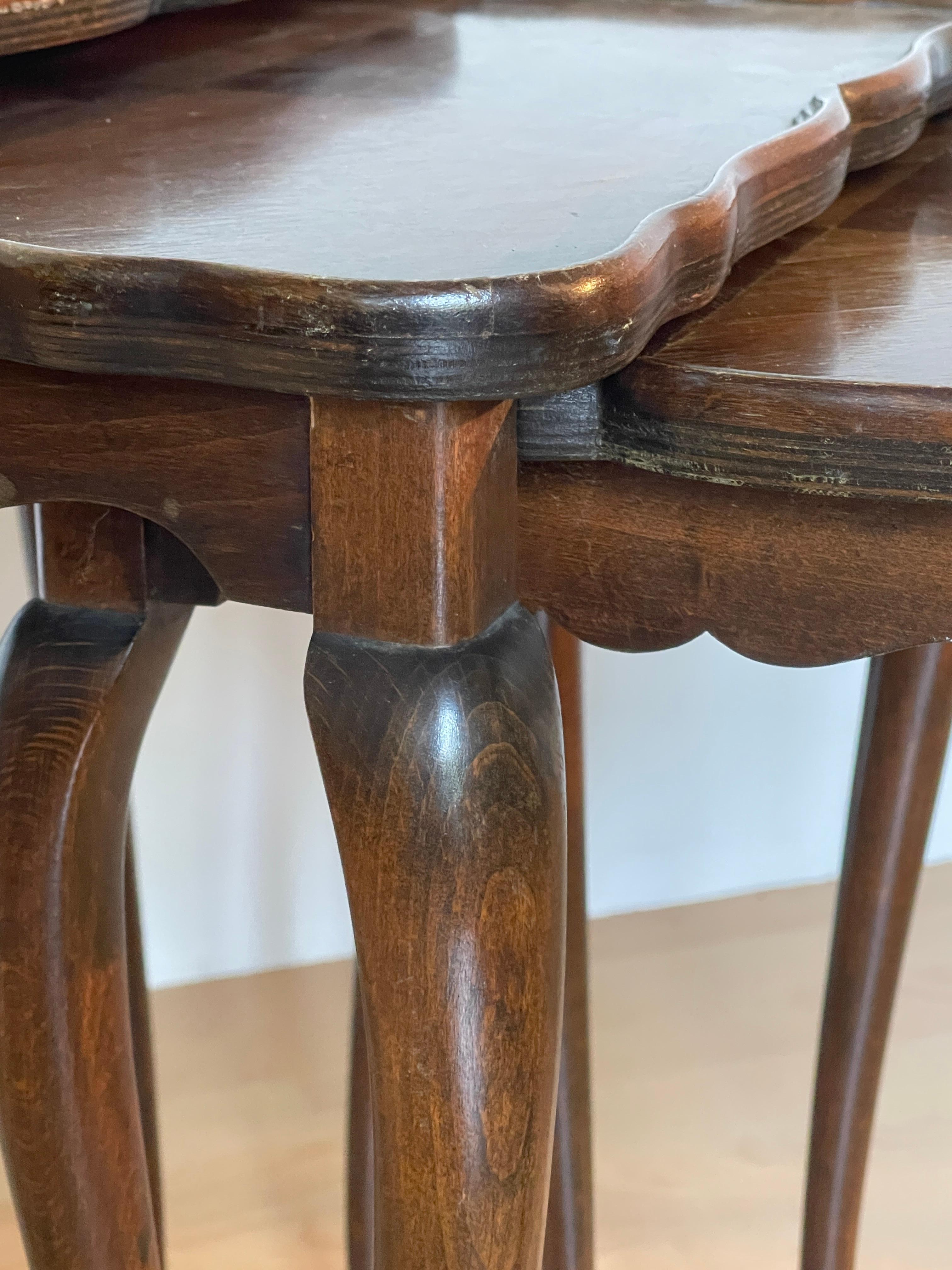 20th Century Set of 3 Inlaid Wood Side Tables with Lyre Legs, 1960s For Sale
