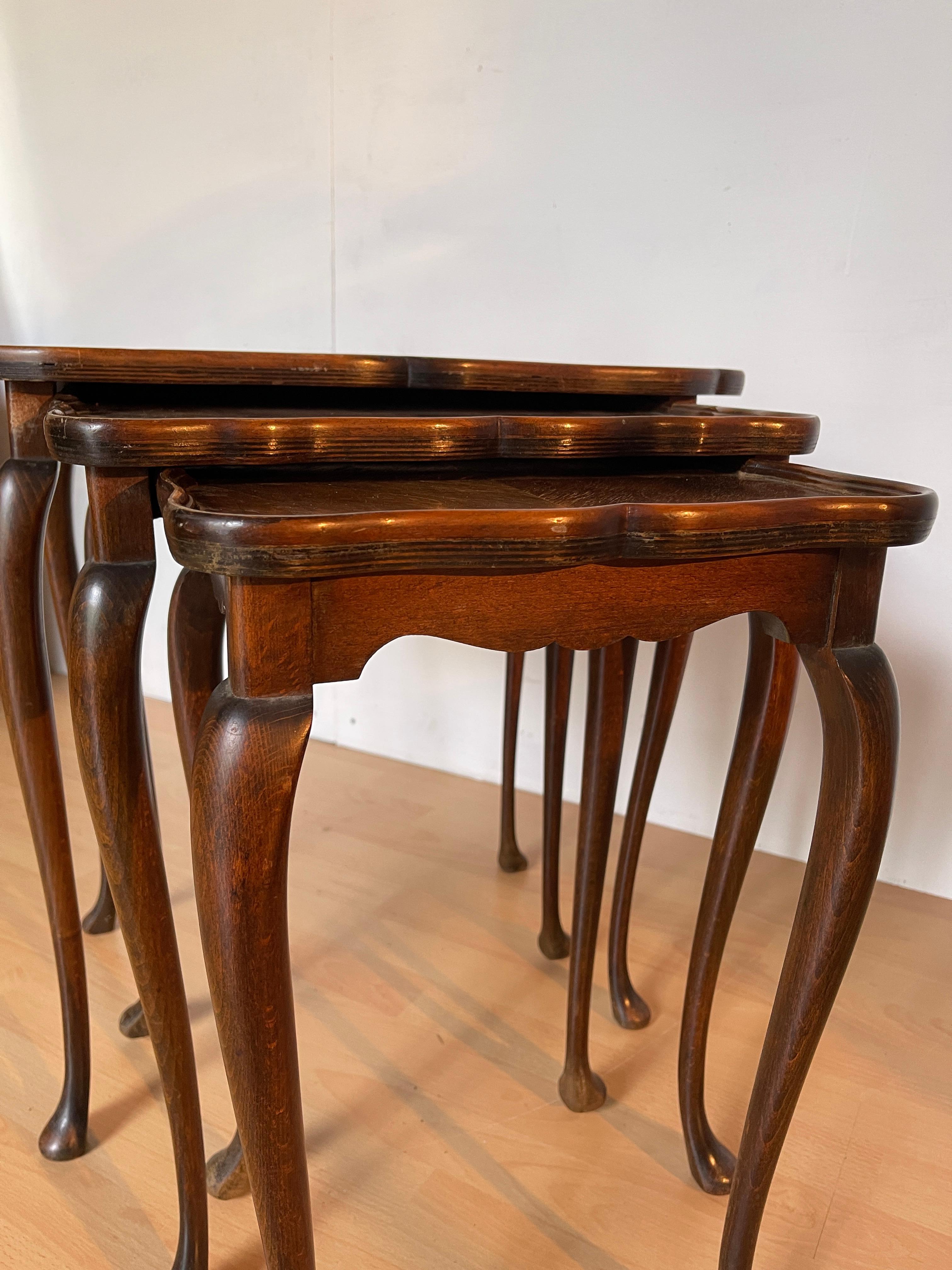 Set of 3 Inlaid Wood Side Tables with Lyre Legs, 1960s For Sale 1