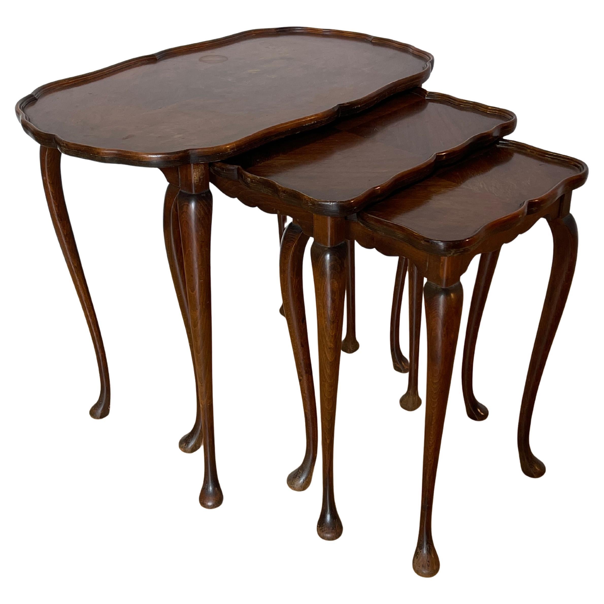 Set of 3 Inlaid Wood Side Tables with Lyre Legs, 1960s For Sale