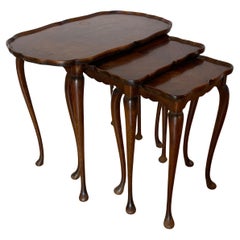 Set of 3 Inlaid Wood Side Tables with Lyre Legs, 1960s