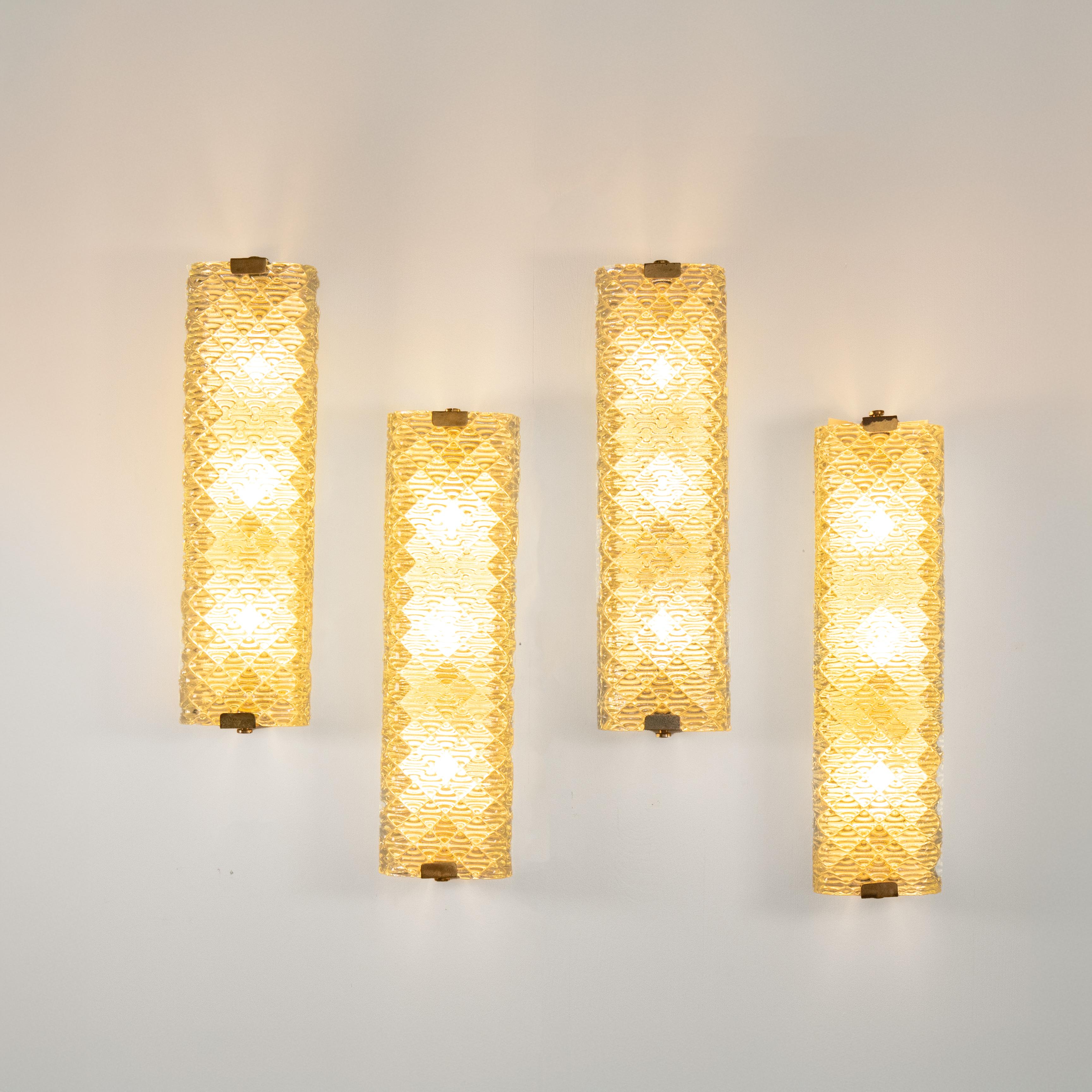 Mid-Century Modern Set of 4 Murano Glass Wall Lights, Attributed to Venini For Sale