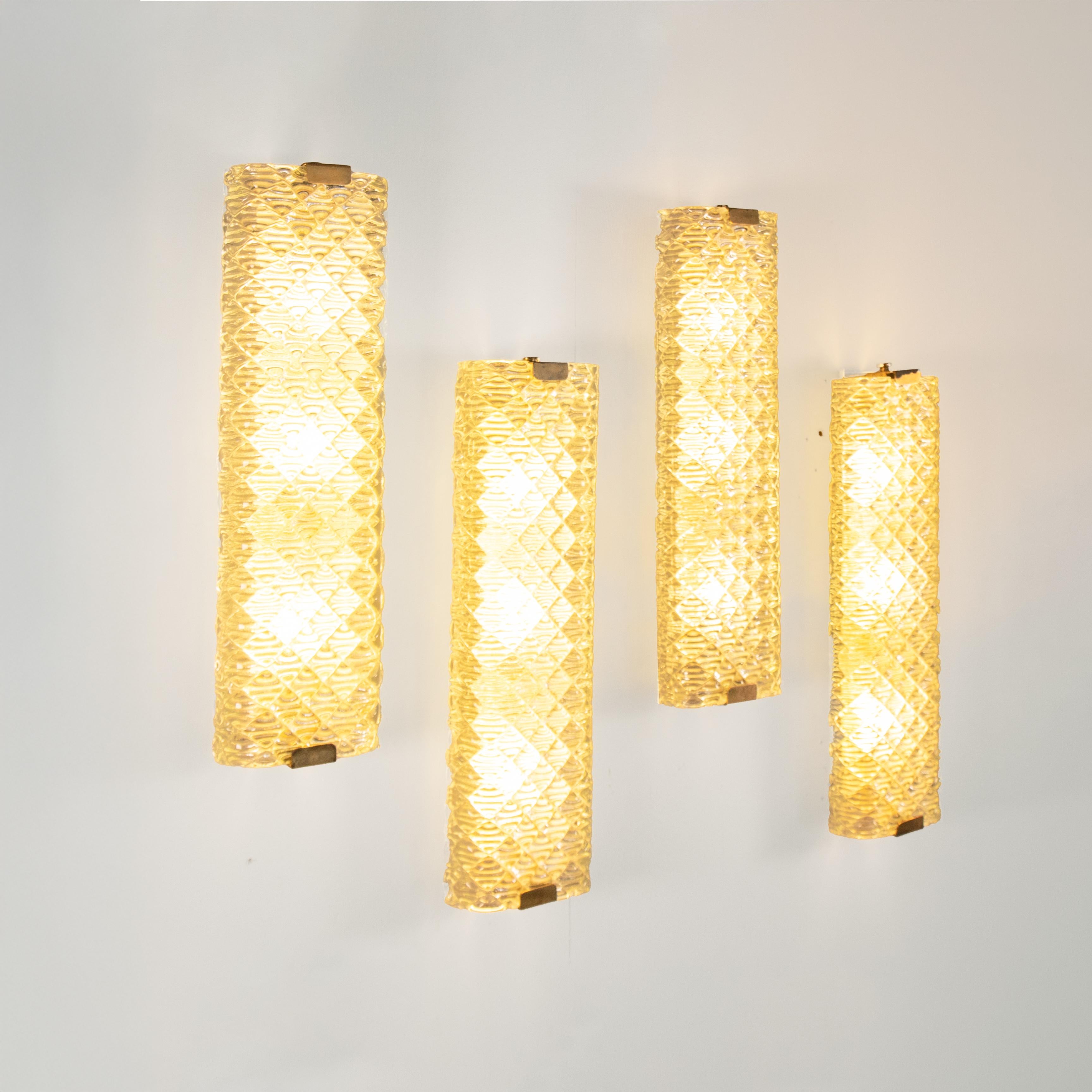 Brass Set of 4 Murano Glass Wall Lights, Attributed to Venini For Sale