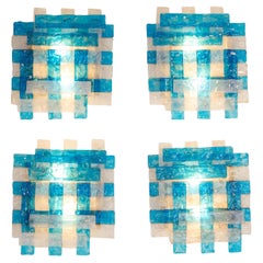 Set of 4 wall sconces, blue white murano glass, 1970s
