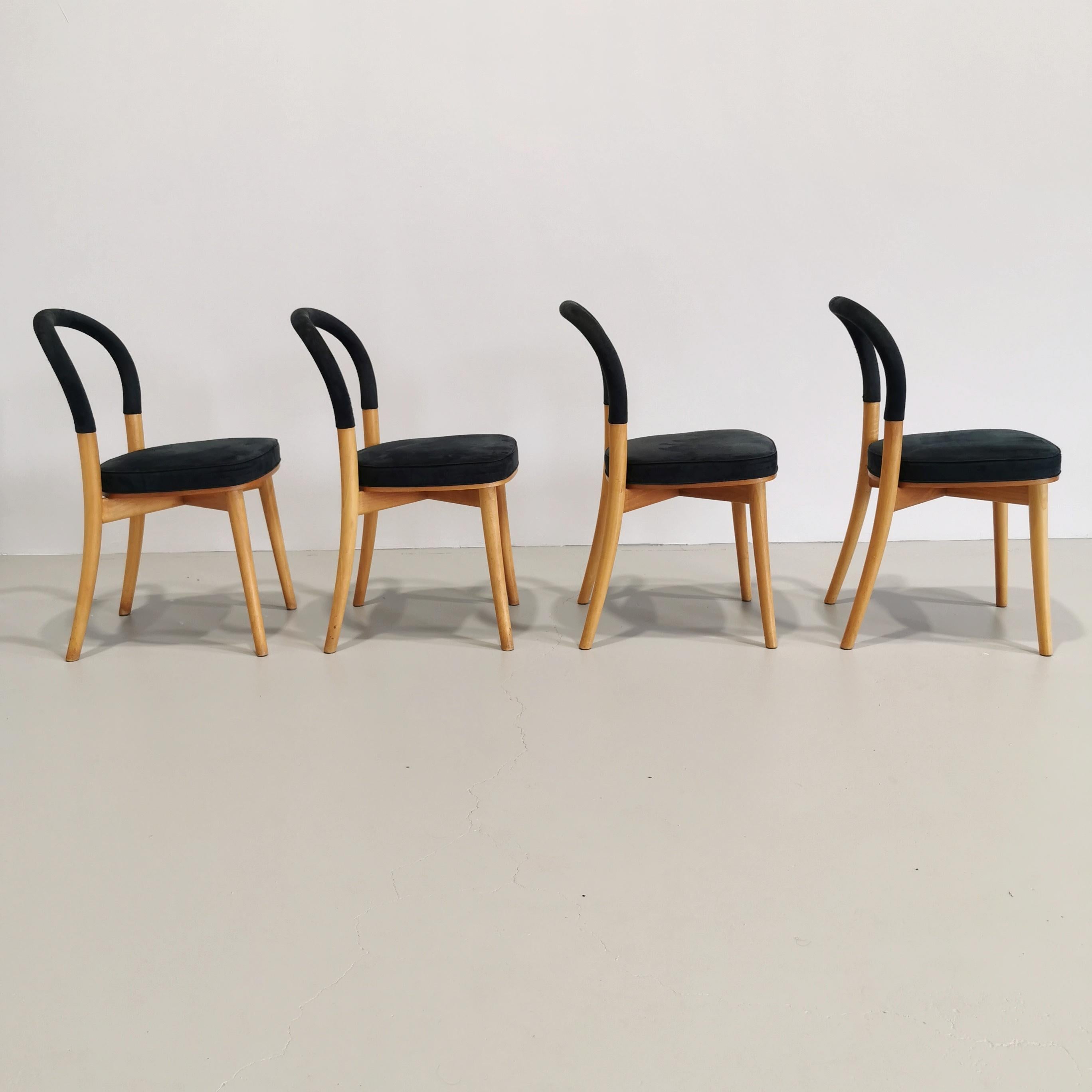 set of 4 chairs Cassina model Gothenburg  light wood BLUE upholstery For Sale 8