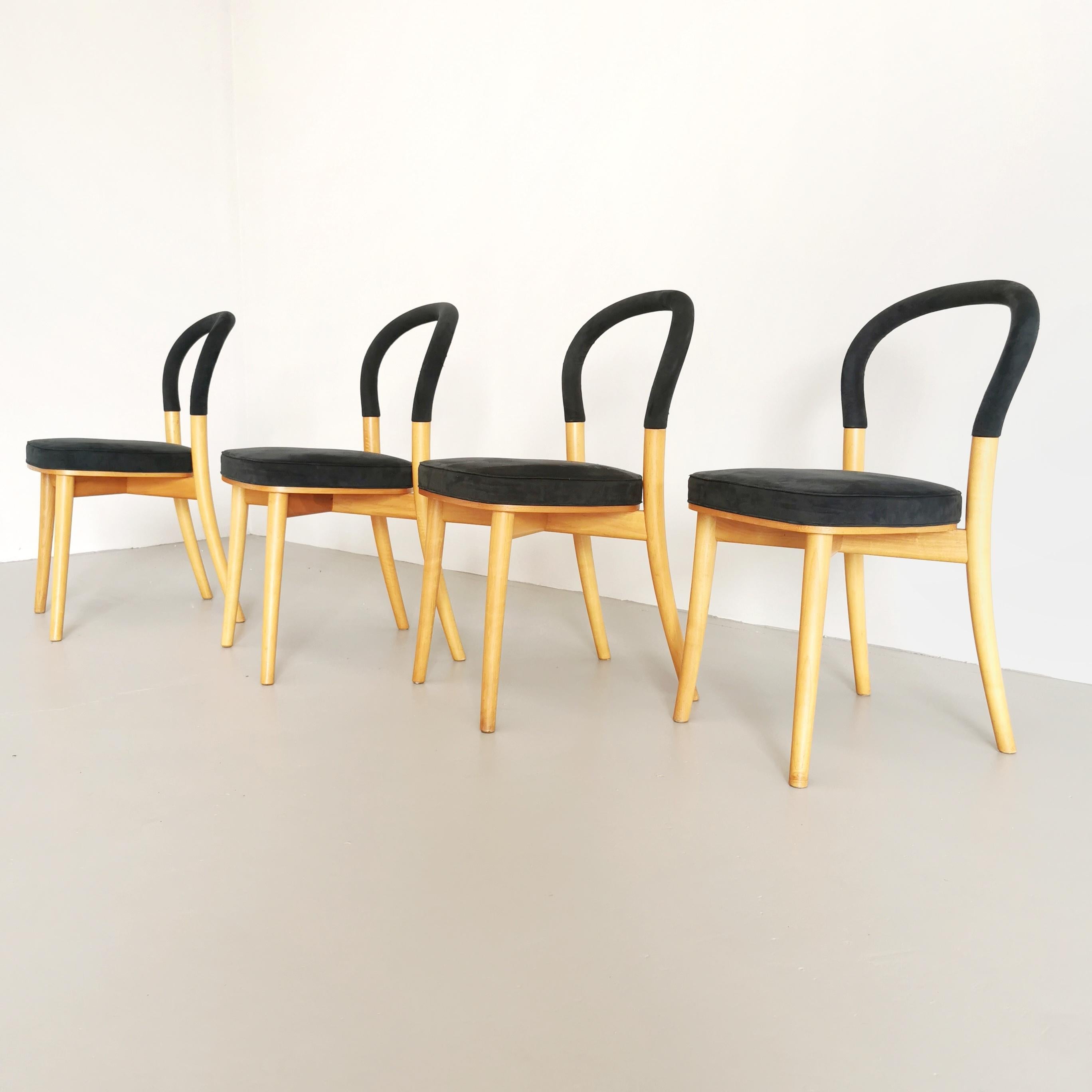 Modern set of 4 chairs Cassina model Gothenburg  light wood BLUE upholstery For Sale