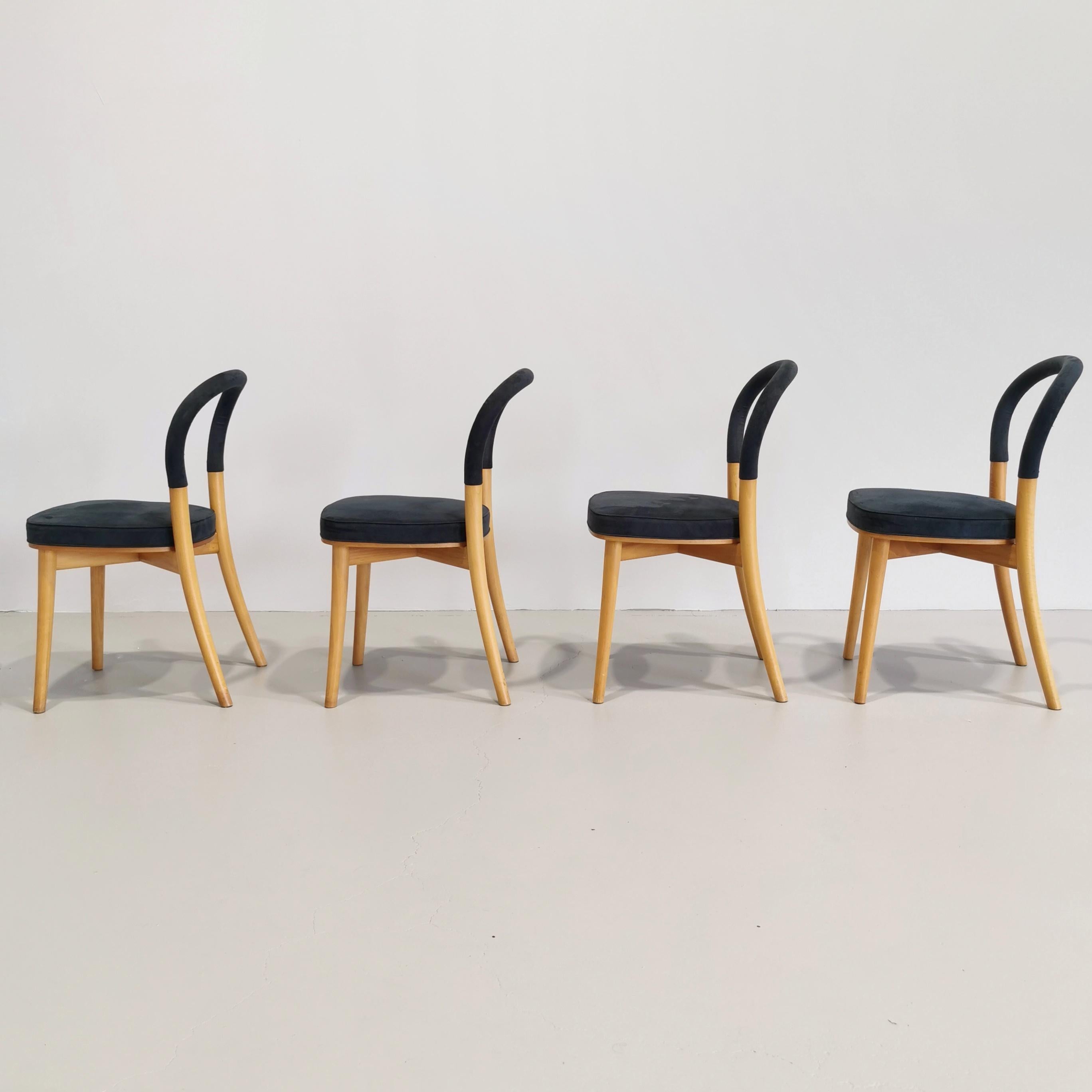 set of 4 chairs Cassina model Gothenburg  light wood BLUE upholstery For Sale 1