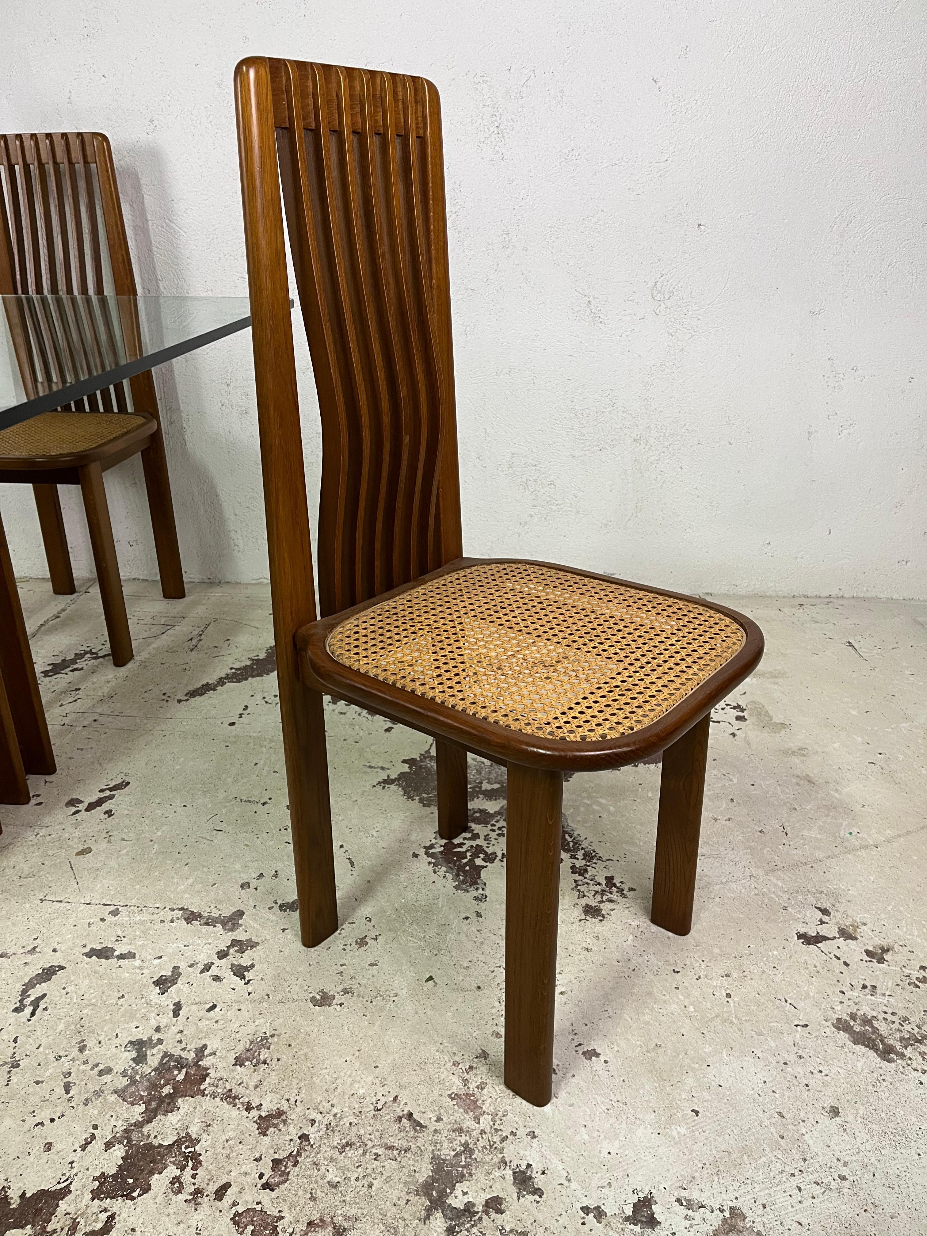 Glass Set of 4 maple wood chairs and table 1970s' For Sale