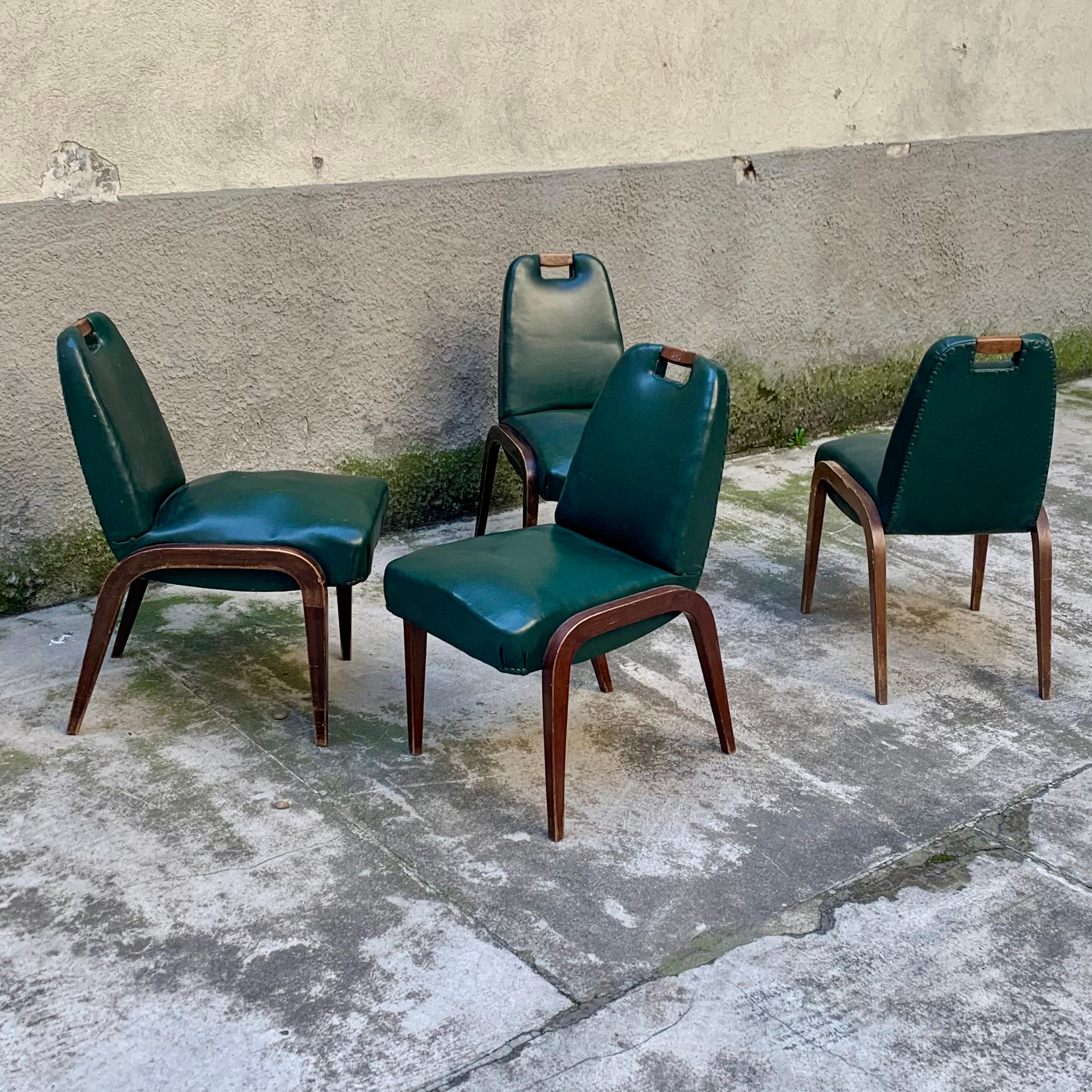 Art déco Ensemble de 4 chaises en bois et simili cuir - Italie - années 1930 en vente