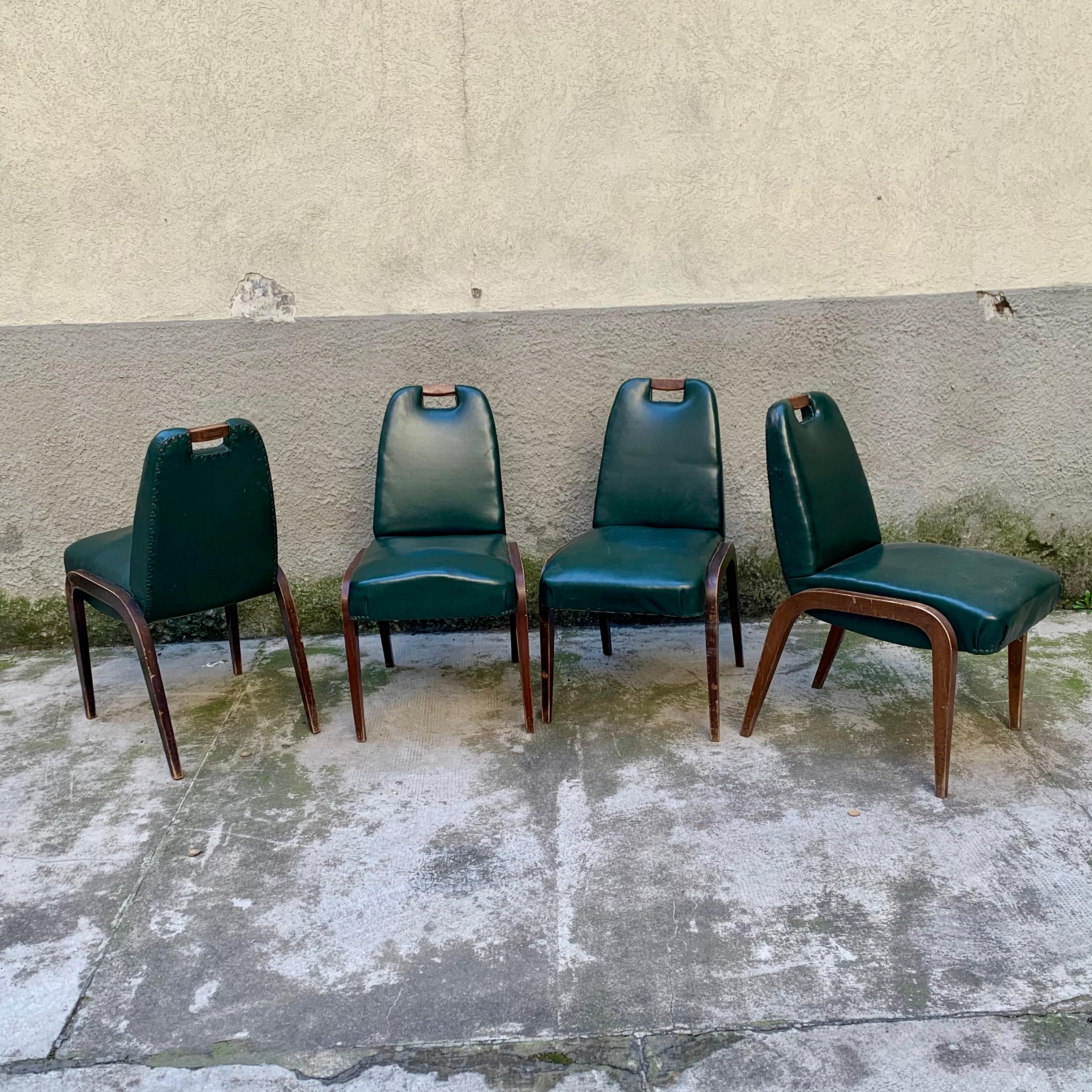 Italian Set of 4 Wood and Leatherette Chairs - Italy - 1930s For Sale
