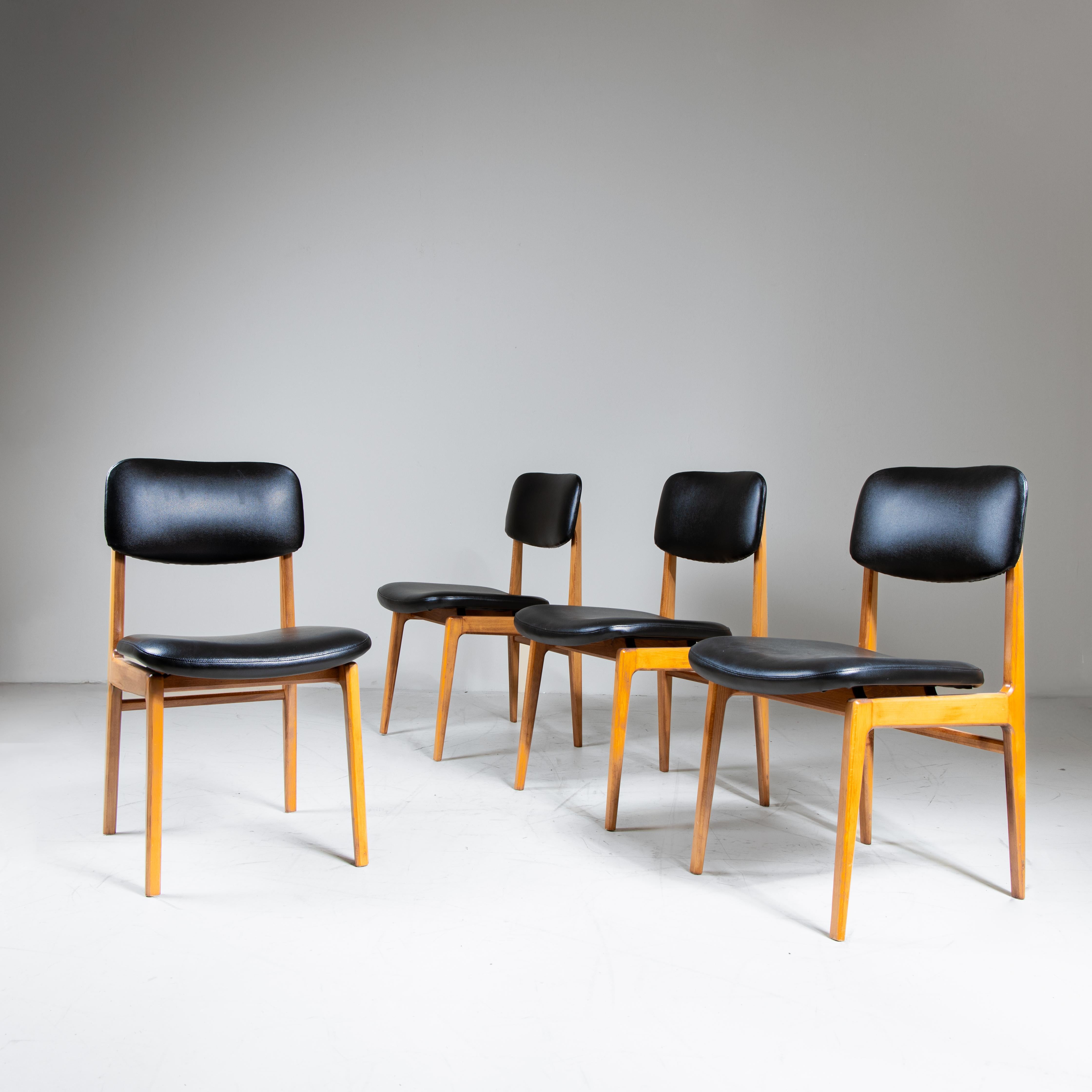 Scandinavian Set of 4 wood and black faux leather chairs, 1960s For Sale