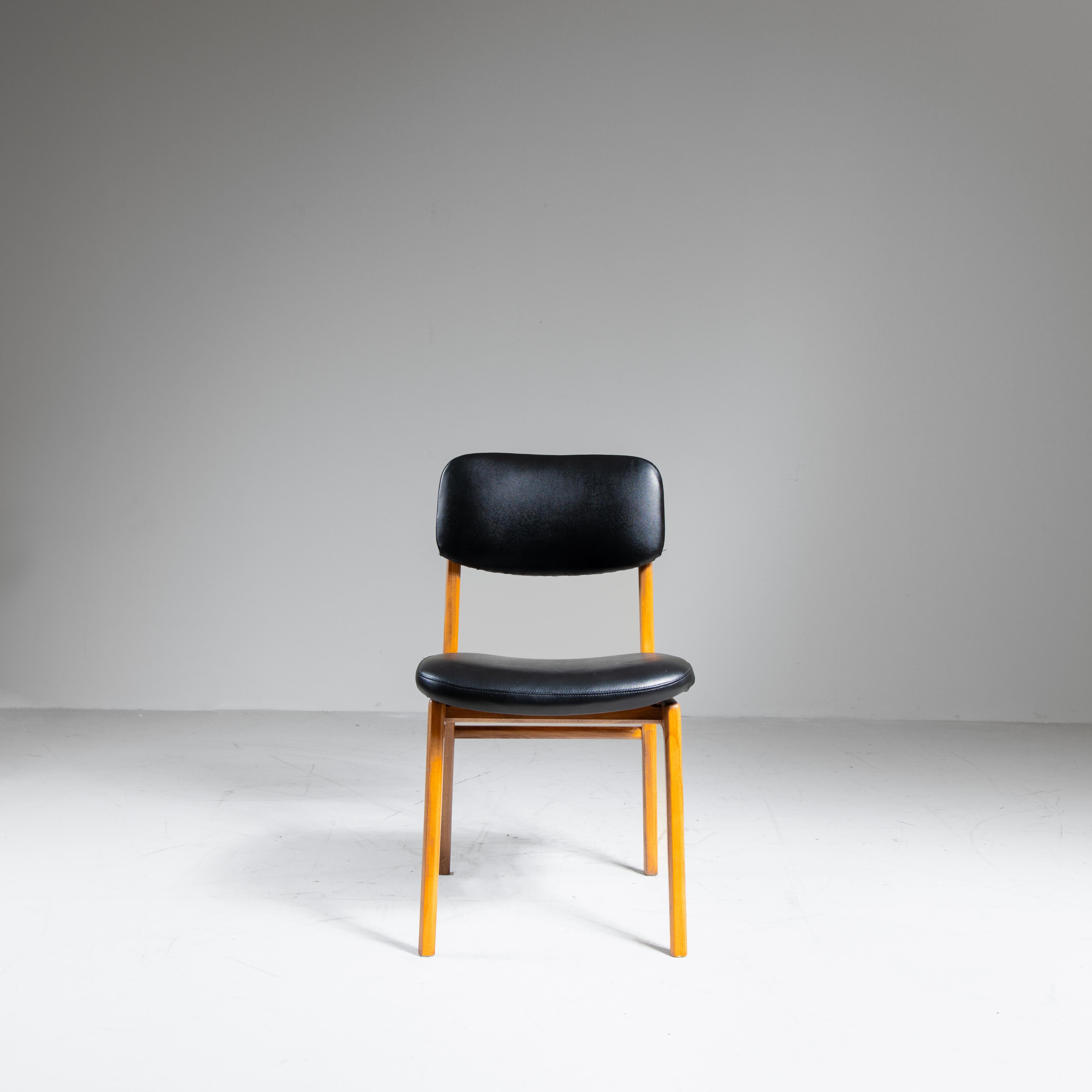 Mid-20th Century Set of 4 wood and black faux leather chairs, 1960s For Sale