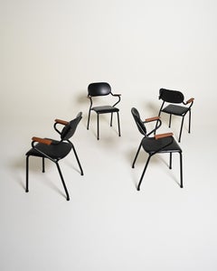 Lot de 4 chaises en cuir et métal, avec des inserts en bois, années 50
