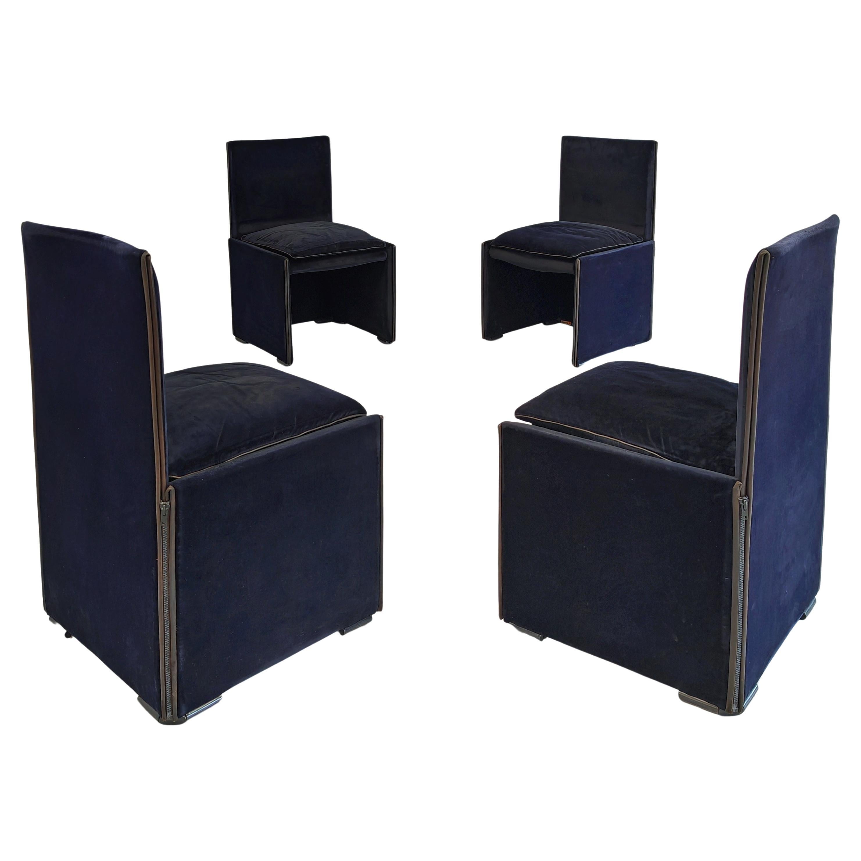 Set of 4 blue velvet chairs model 401 "Break" Mario Bellini Cassina 1980s For Sale