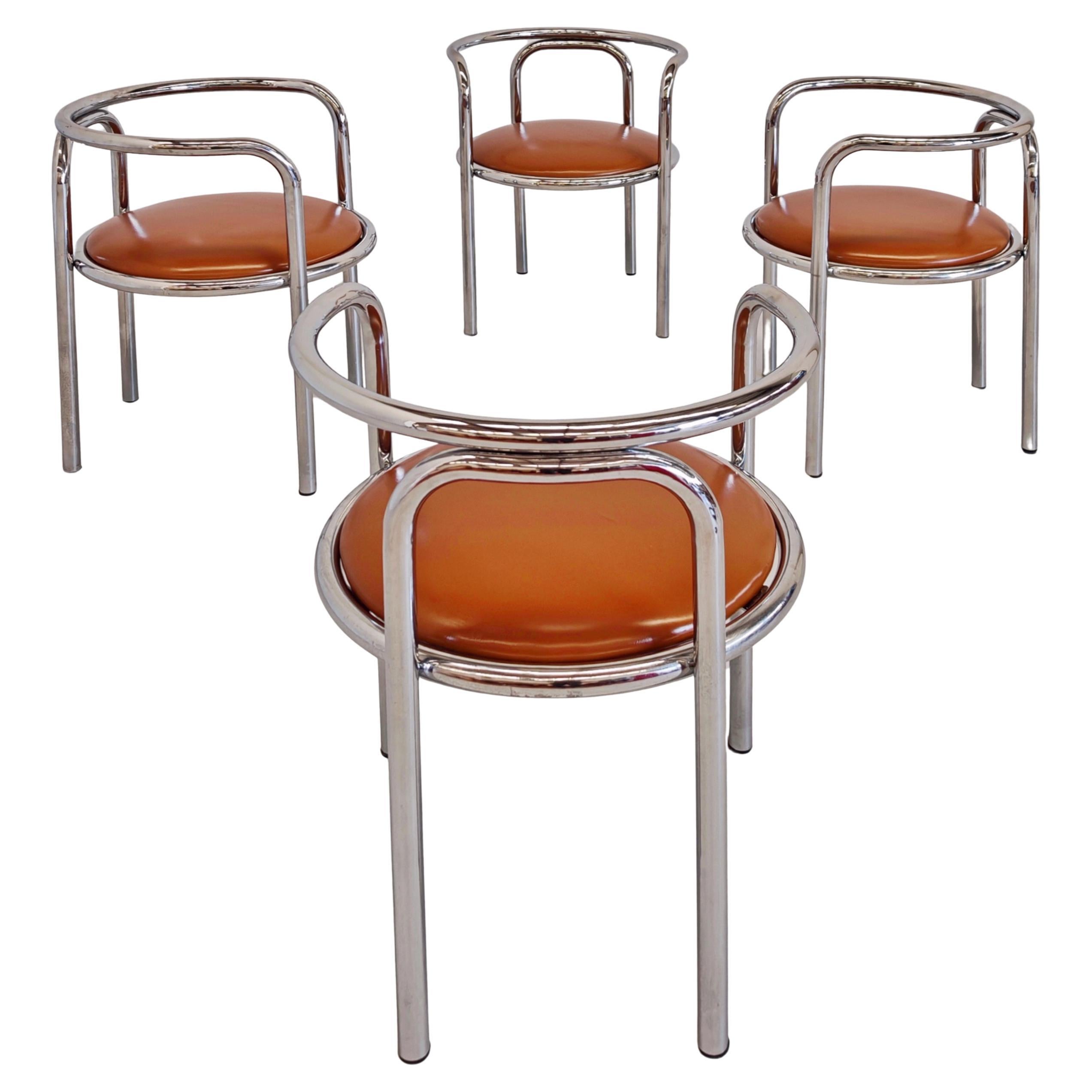 set of 4 chairs armchairs chrome and leather "Locus Solis" by Gae Aulenti 1970s