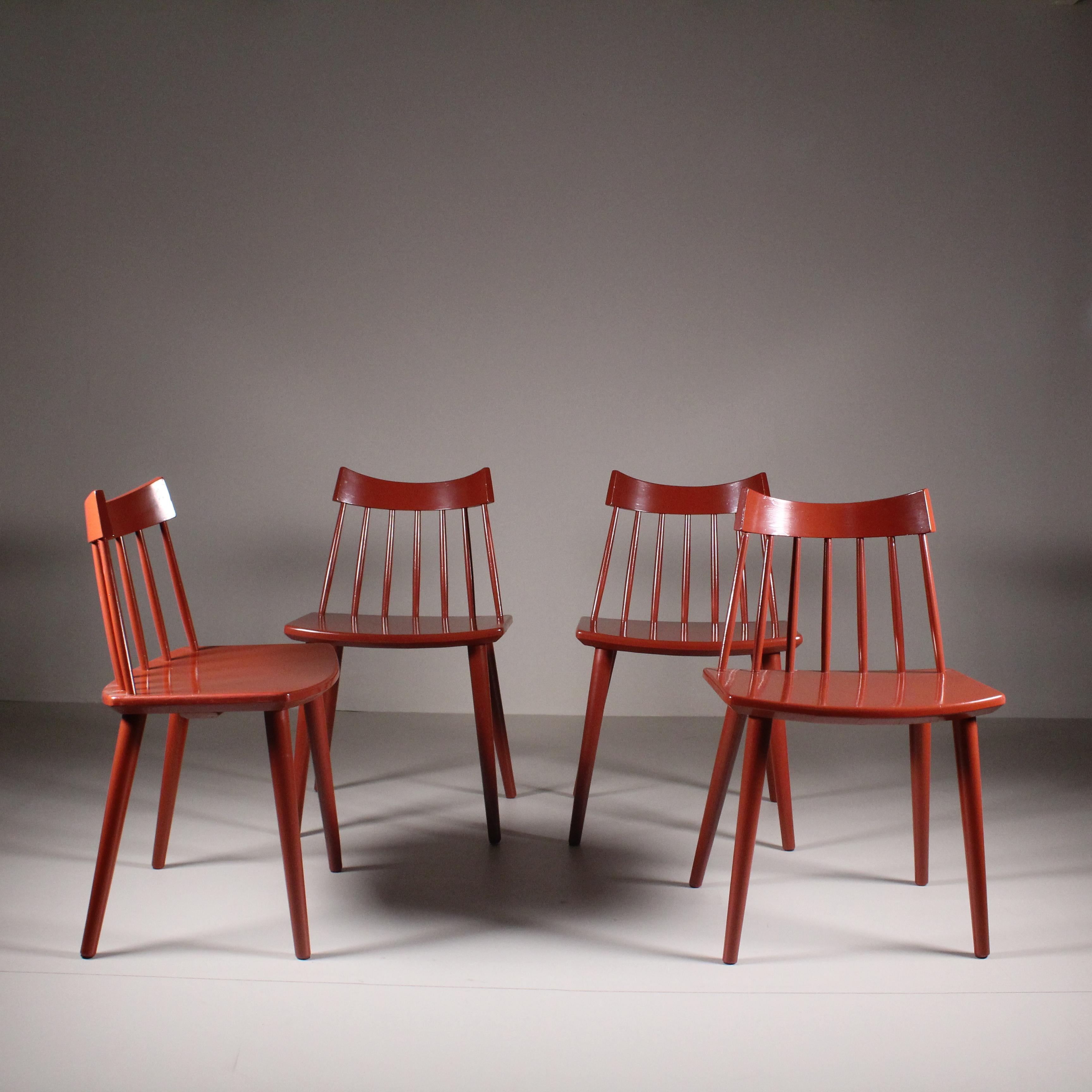 Danish Set of 4 red Scandinavian chairs, Hagafors For Sale