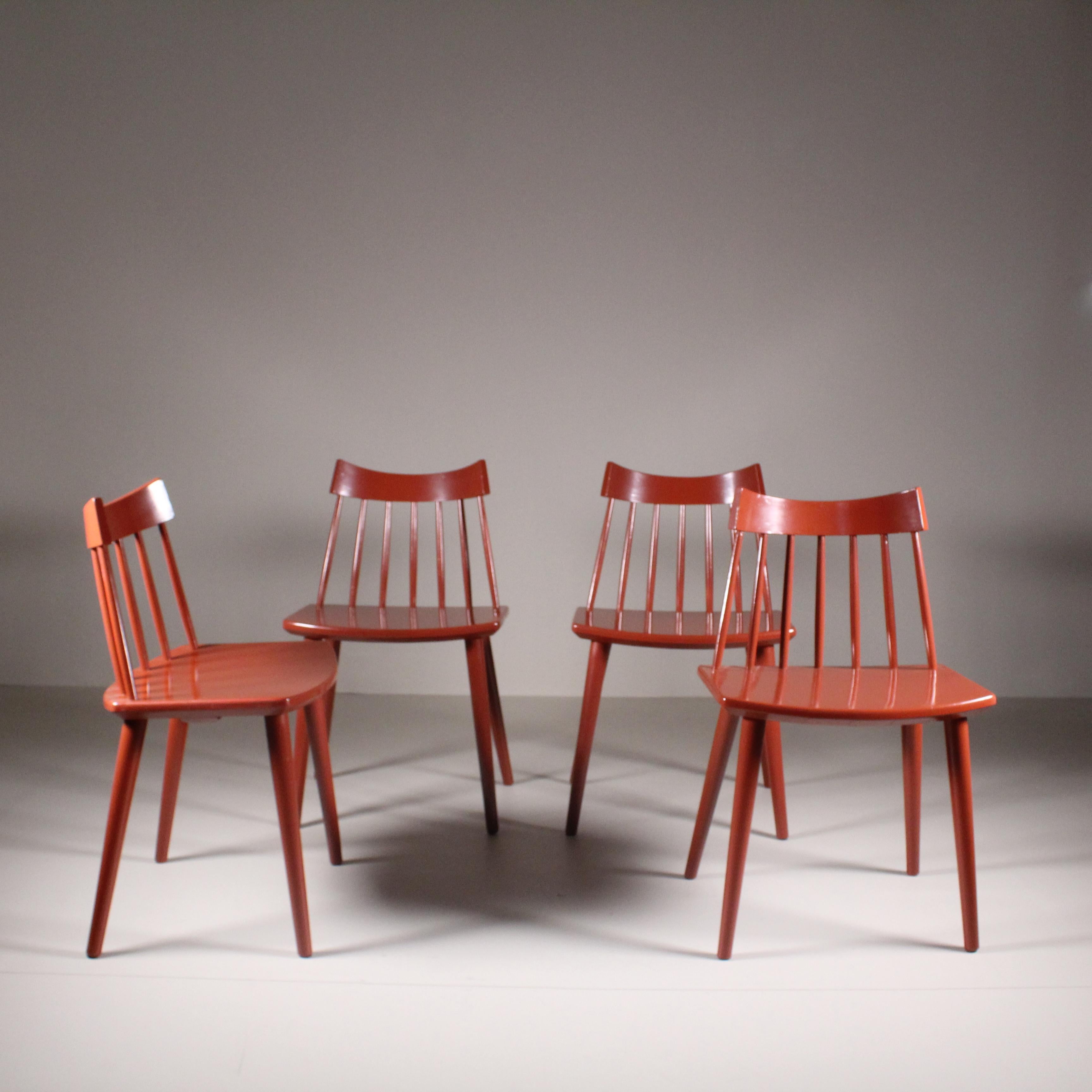 Mid-20th Century Set of 4 red Scandinavian chairs, Hagafors For Sale
