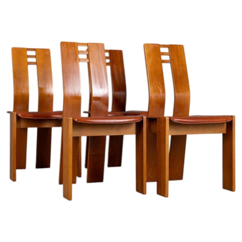 Set of 4 vintage 1950s wood and leather chairs Italian design
