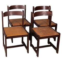 Set of 4 vintage 70's chairs in wood and brown leather Italian design