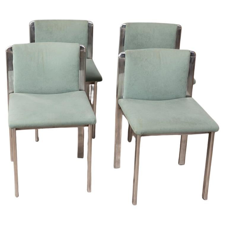 Set of 4 vintage 70s metal and turquoise fabric chairs Italian design