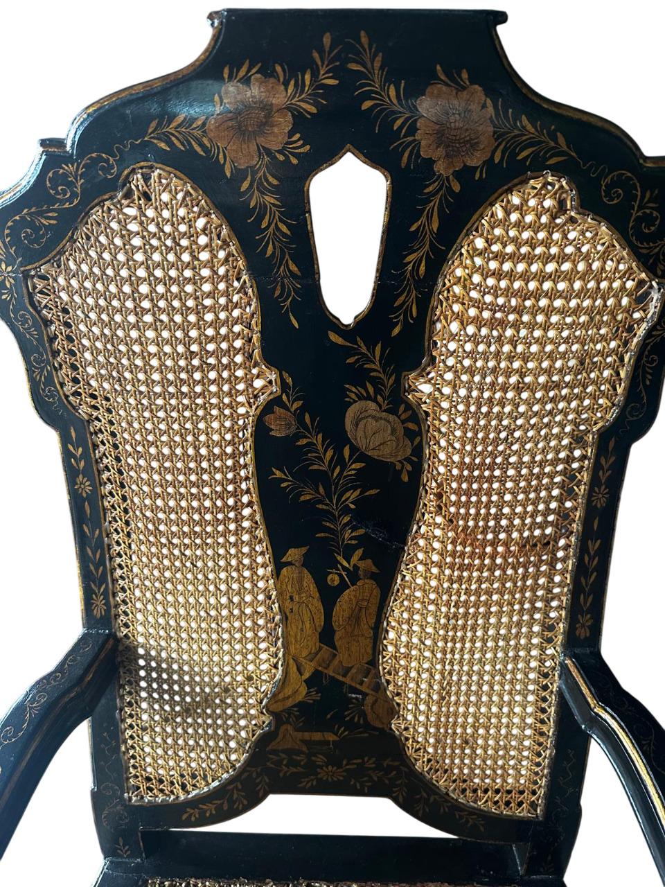 Set of 6 Queen Anna style armchairs in black chinoiserie decorated For Sale 4