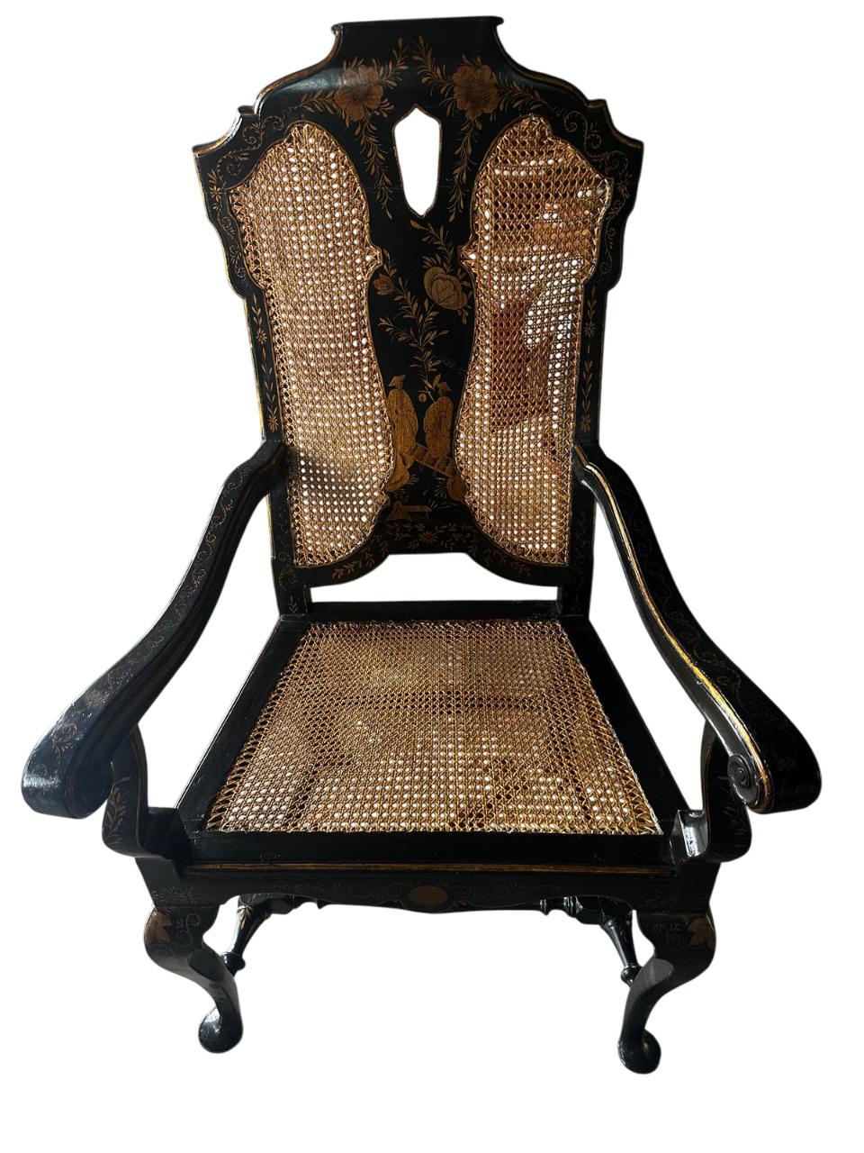 European Set of 6 Queen Anna style armchairs in black chinoiserie decorated For Sale