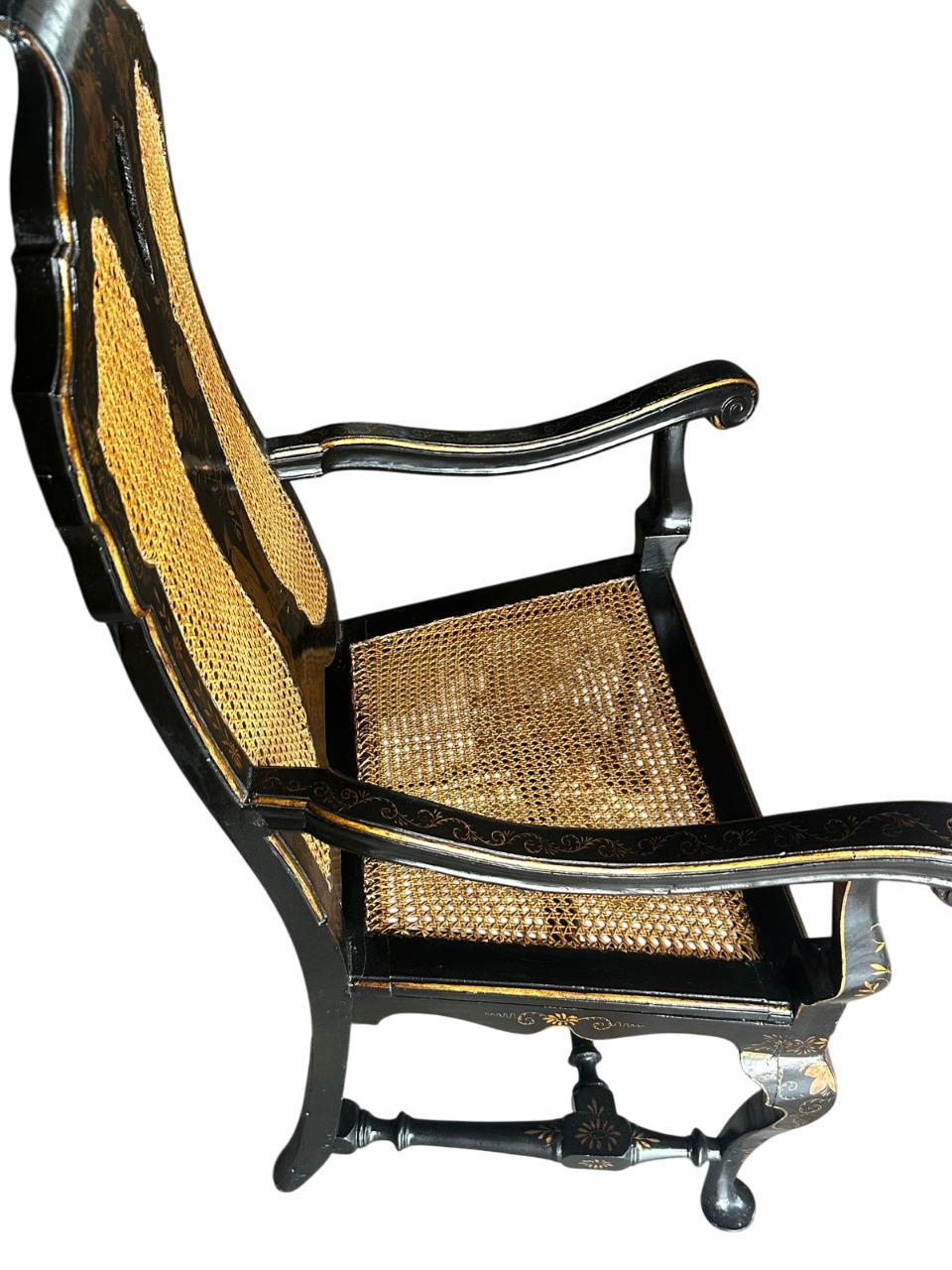 Set of 6 Queen Anna style armchairs in black chinoiserie decorated In Fair Condition For Sale In Firenze, FI