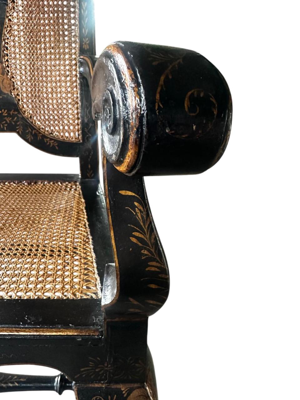 19th Century Set of 6 Queen Anna style armchairs in black chinoiserie decorated For Sale