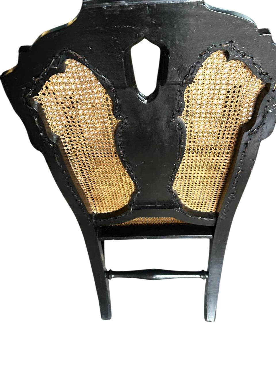 Wood Set of 6 Queen Anna style armchairs in black chinoiserie decorated For Sale