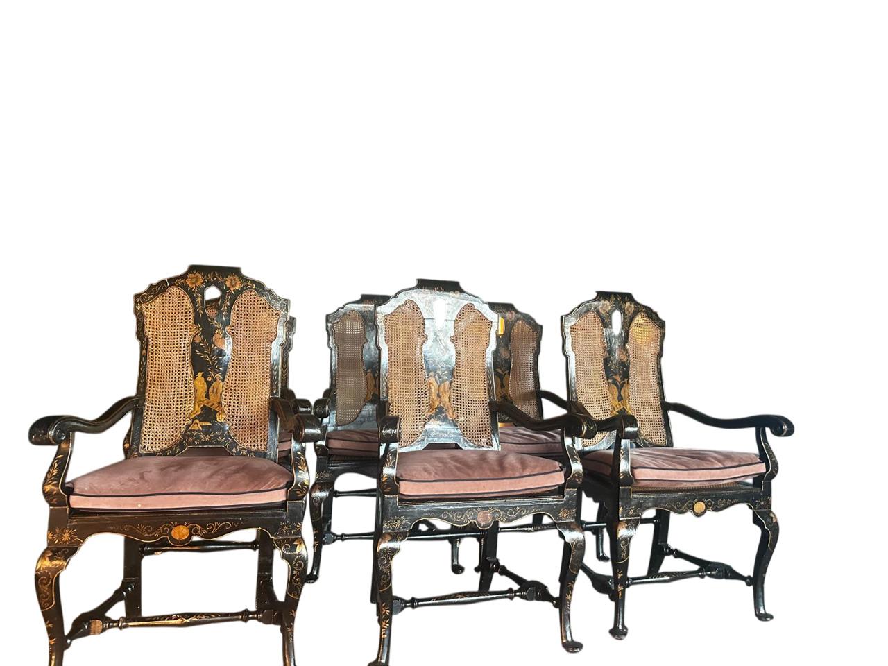Set of 6 Queen Anna style armchairs in black chinoiserie decorated For Sale 1