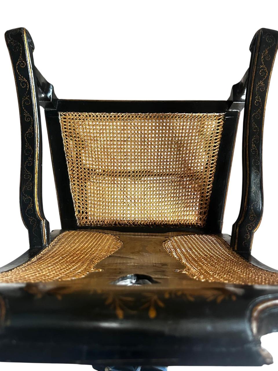 Set of 6 Queen Anna style armchairs in black chinoiserie decorated For Sale 2