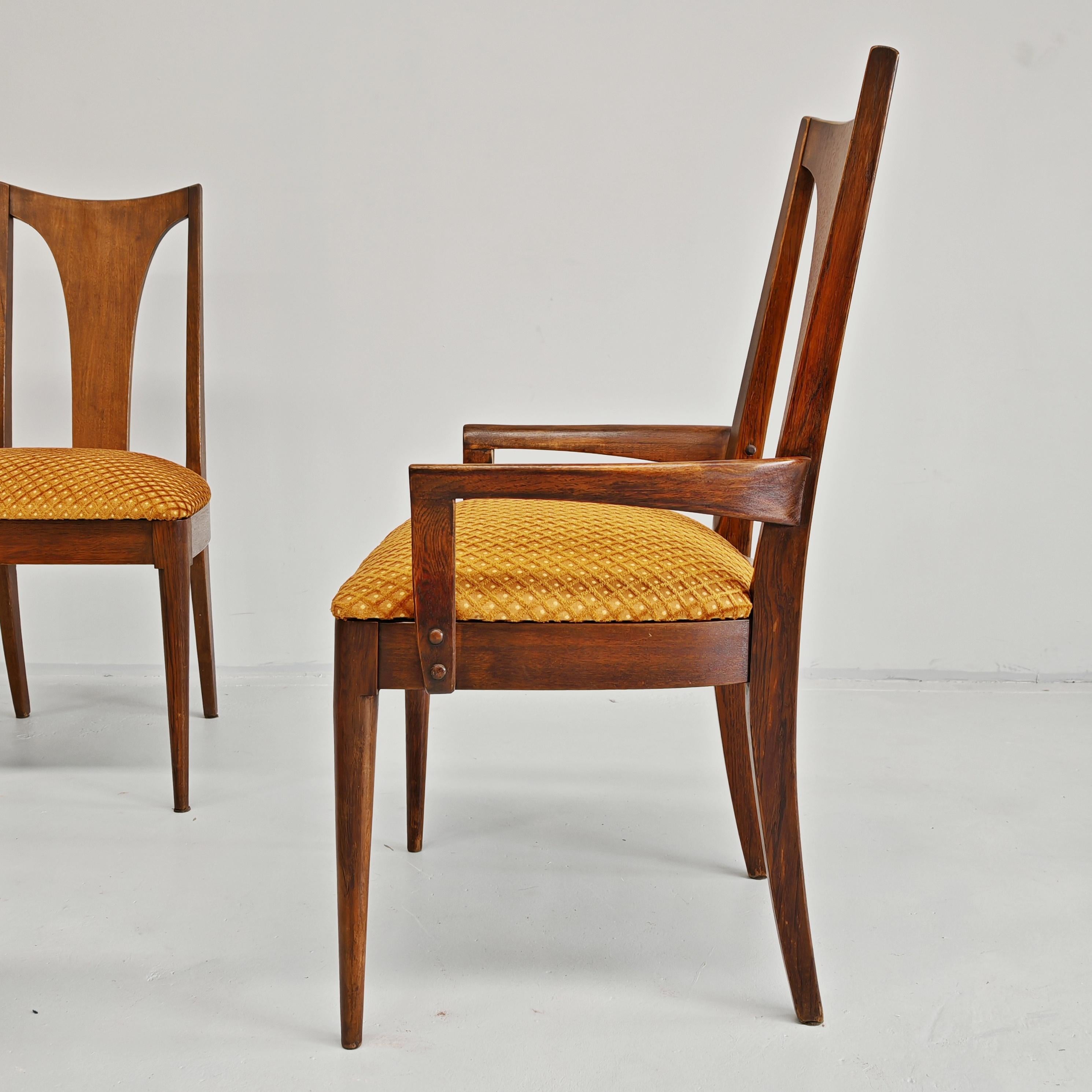 Juego de 6 sillas vintage de madera y terciopelo jacquard años 60 de Broyhill Brasilia Moderno de mediados de siglo en venta