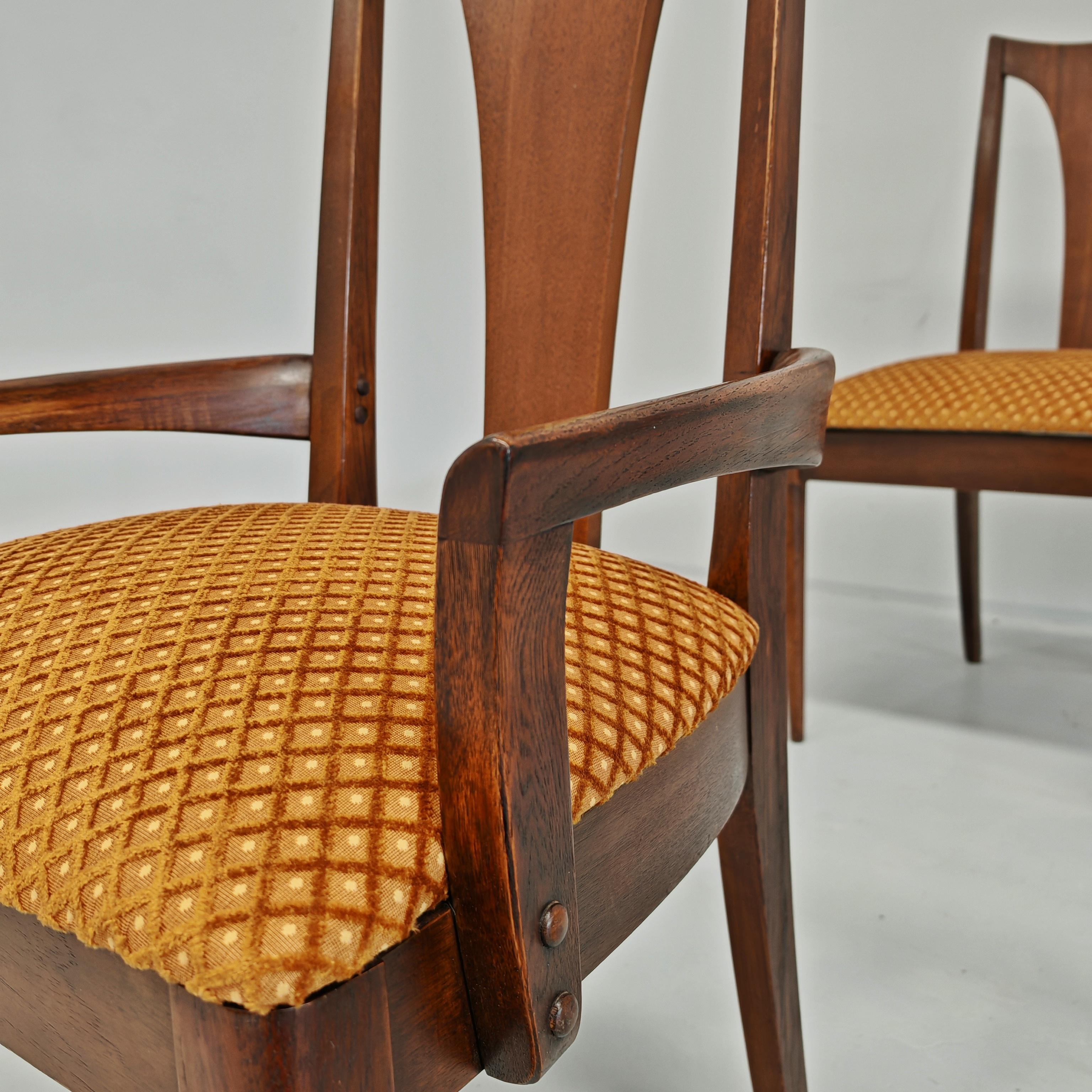 Juego de 6 sillas vintage de madera y terciopelo jacquard años 60 de Broyhill Brasilia American en venta
