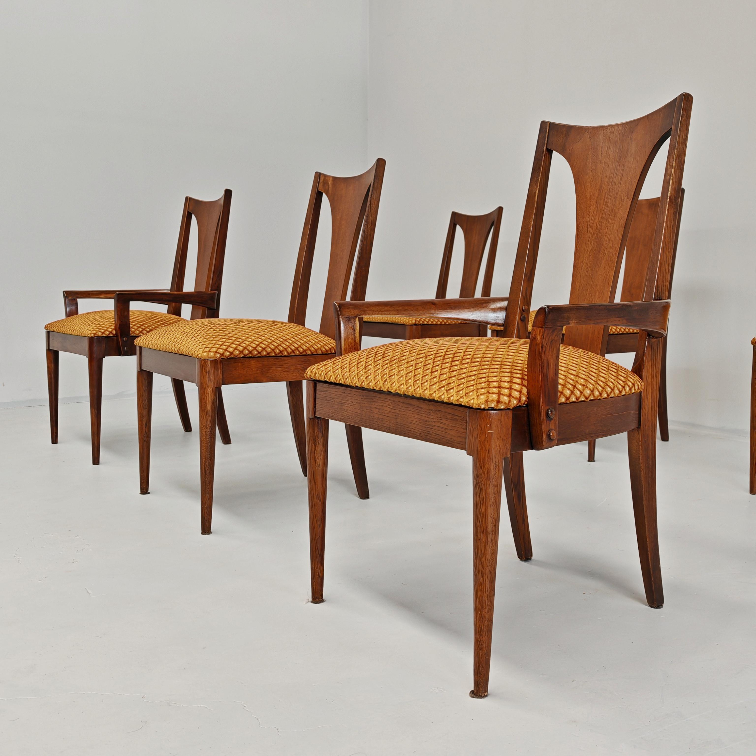 Juego de 6 sillas vintage de madera y terciopelo jacquard años 60 de Broyhill Brasilia en venta 1
