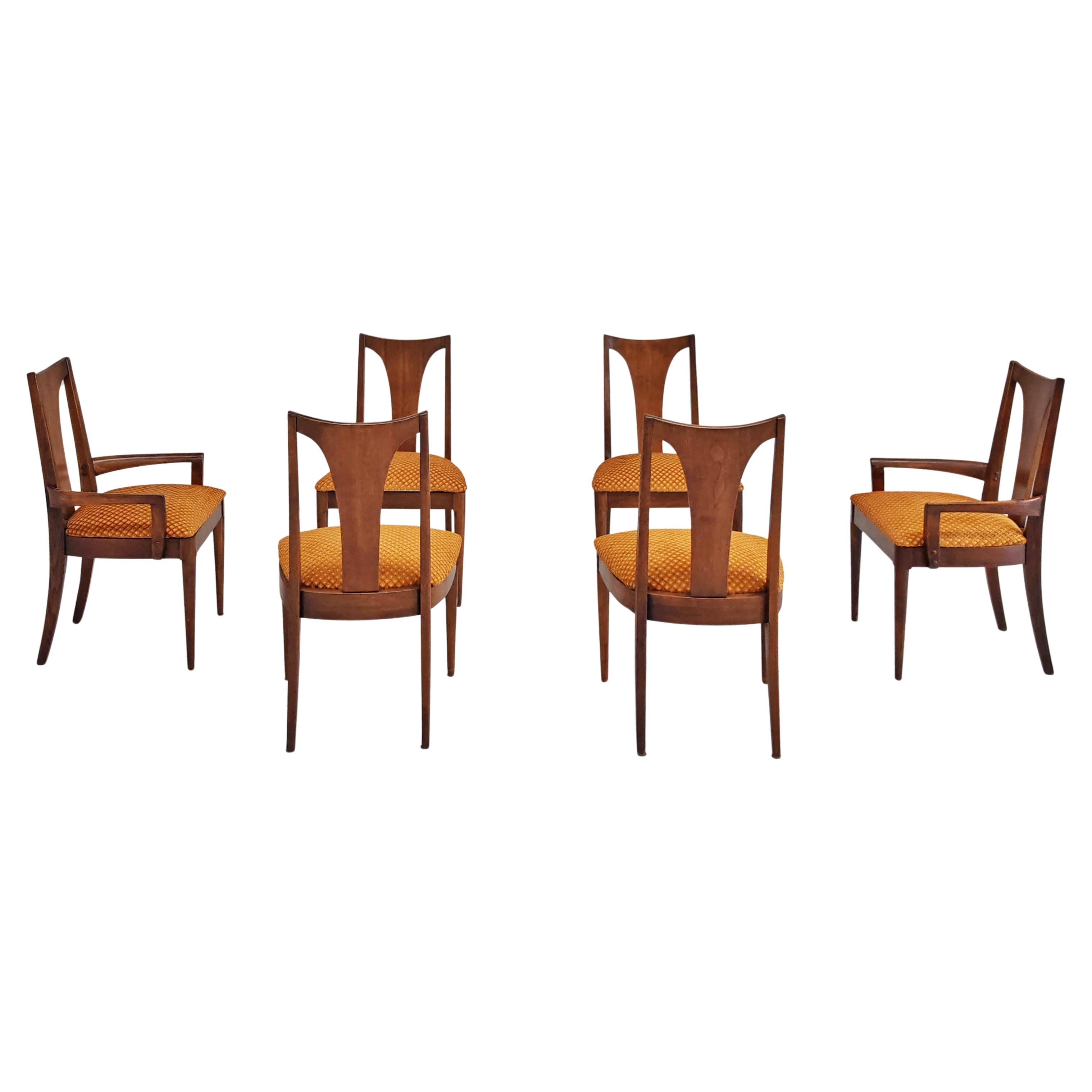 Juego de 6 sillas vintage de madera y terciopelo jacquard años 60 de Broyhill Brasilia en venta