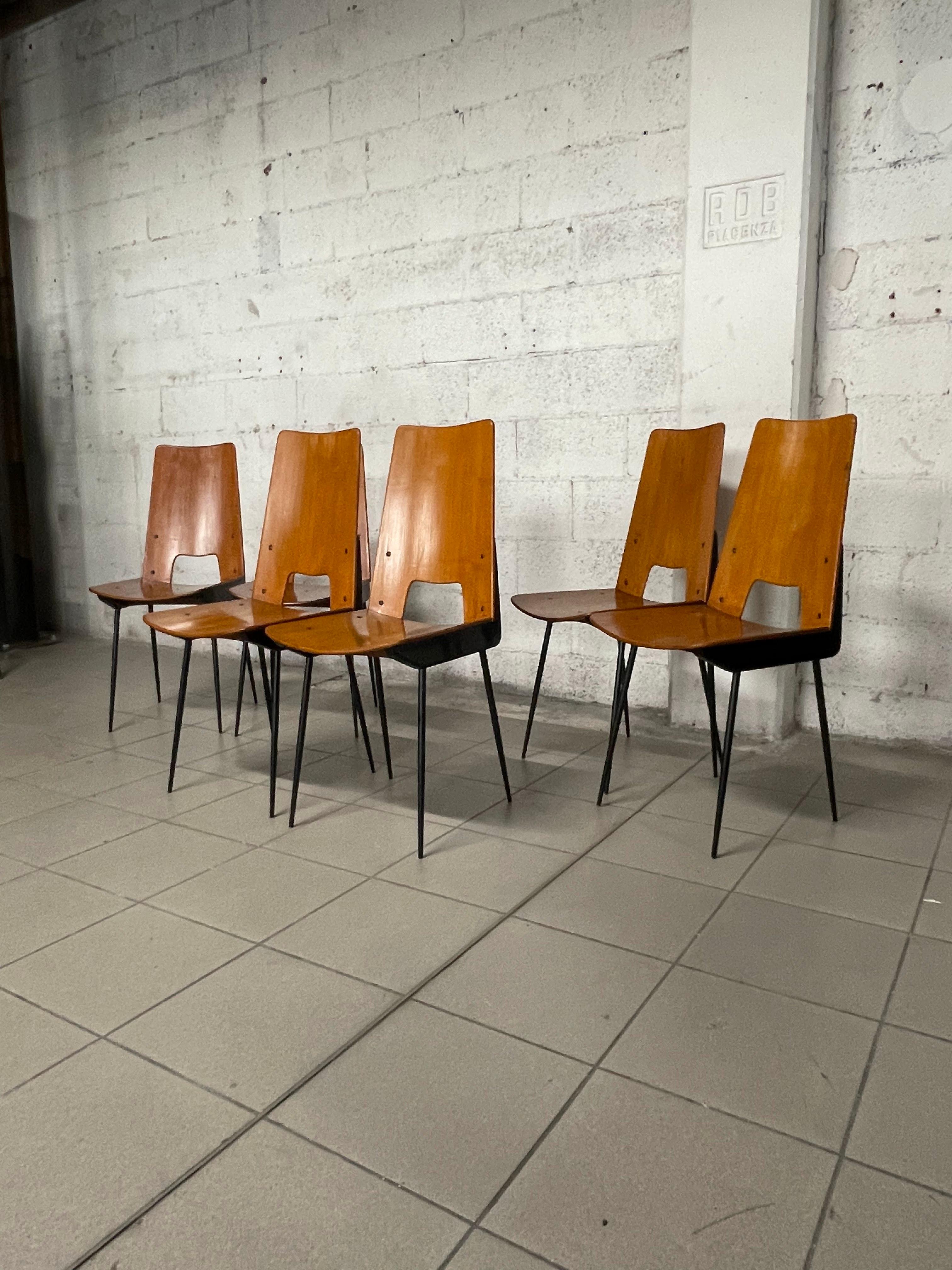 Italian Set of 6 chairs designed by Carlo Ratti for Società Compensati Curvati, 1950s